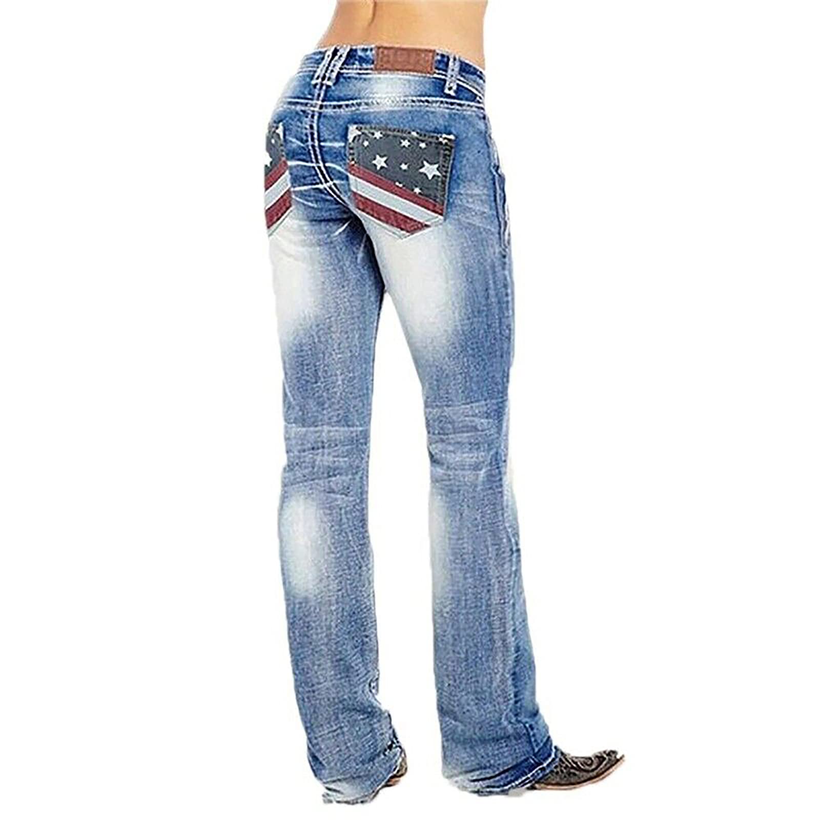 QJBMEI Women's American Flag Print Mid Rise Bootcut Jeans - Comfortable Denim Pants for Casual Wear, Patriotic Style, Everyday Outfits & Country-Themed Events