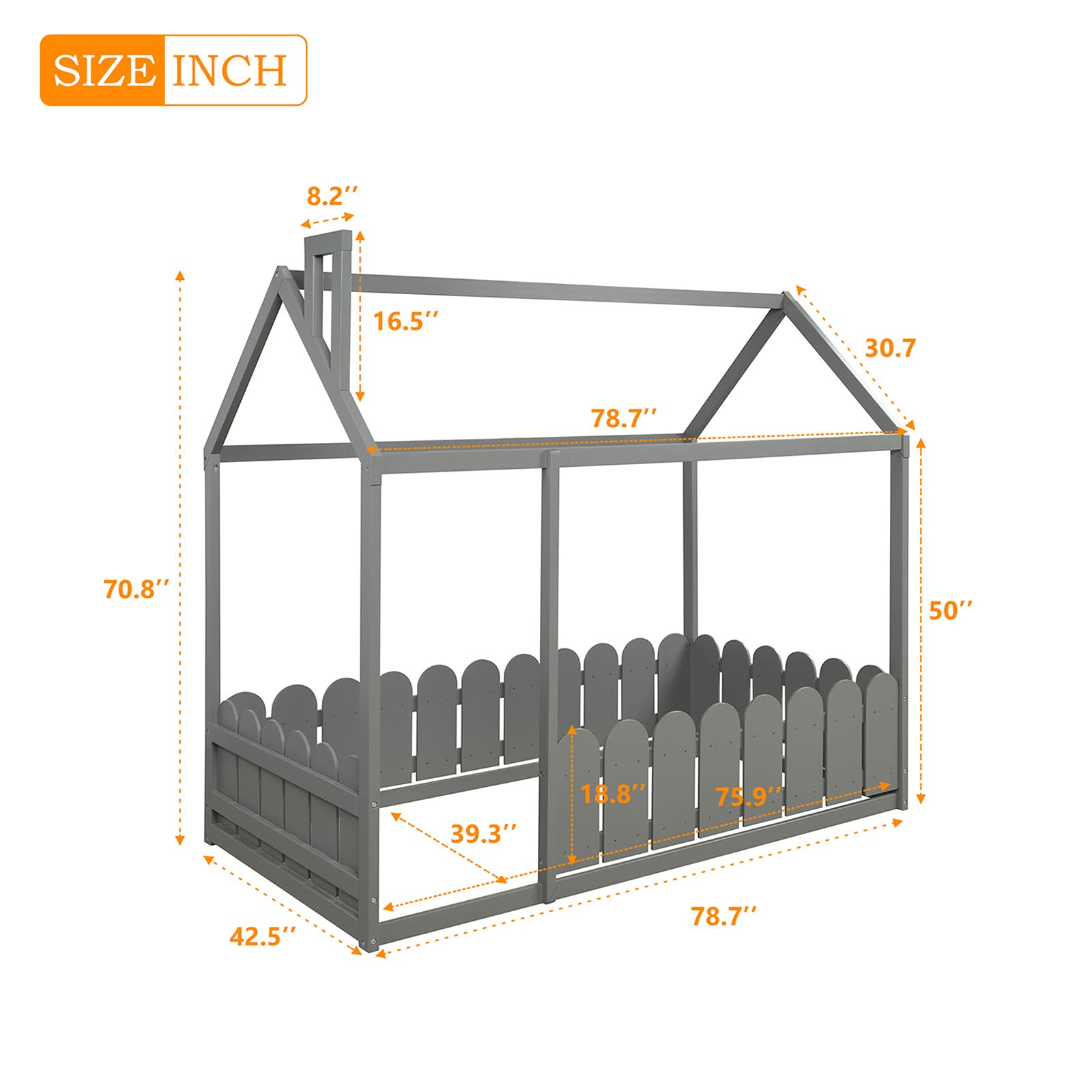 Kids Wooden Twin Floor Bed Frame with Safety Fence - Gray Cabin House Bed for Boys & Girls, Teens Room Decor | Perfect for Small Bedrooms, Playrooms & Montessori Style Spaces