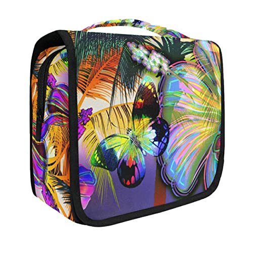 Waterproof Hanging Travel Toiletry Bag - Portable Cosmetic Organizer for Men & Women | Swimming Kit, Makeup Case with Multiple Pockets | Perfect for Beach Trips, Camping & Gym Use (Sunset Beach Butterfly Design)