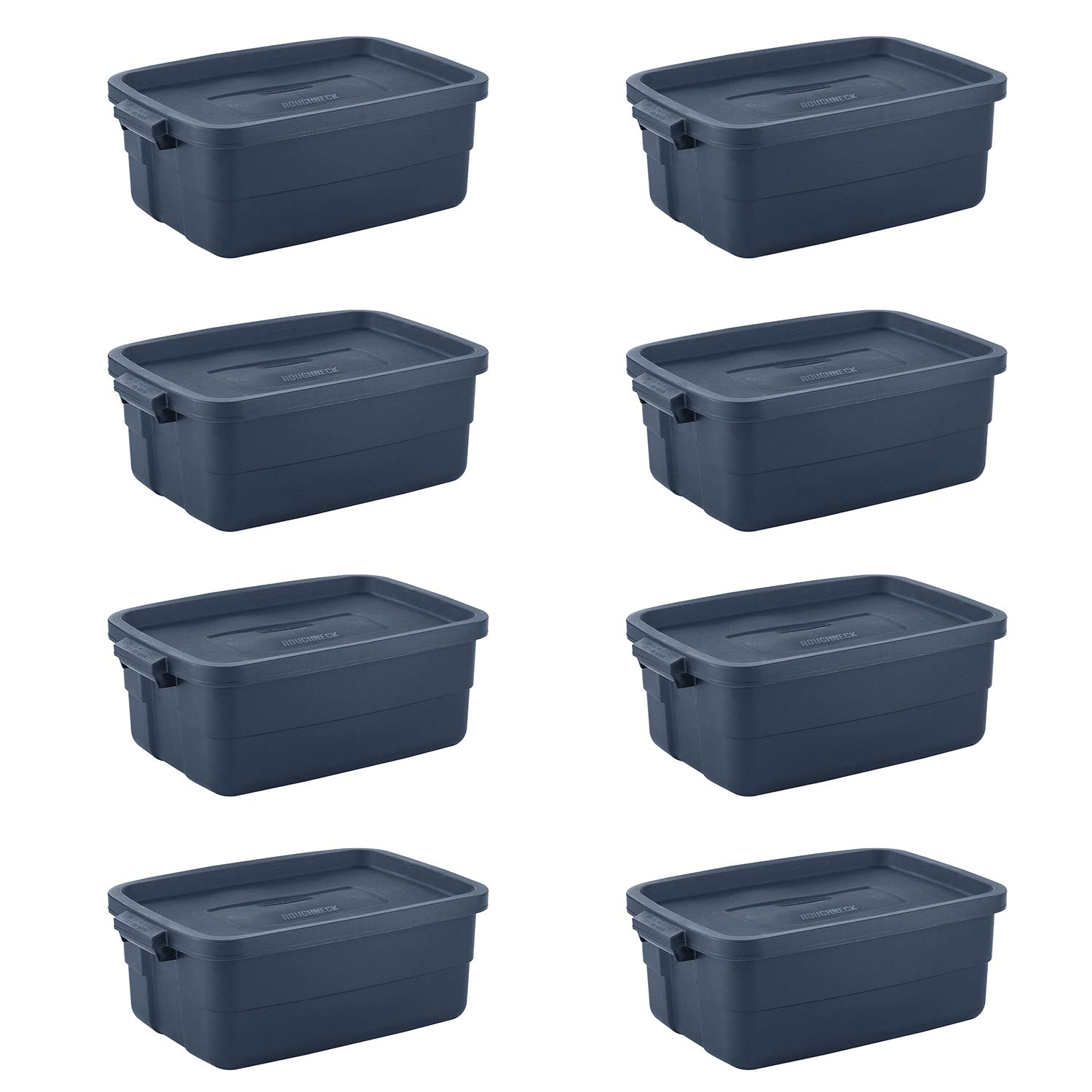 Rubbermaid Roughneck 10 Gallon Storage Tote - 8 Pack, Heavy Duty Plastic Stackable Bins with Lids & Handles, Made in USA, Dark Indigo Metallic - Perfect for Garage Organization, Home Storage & Moving Supplies