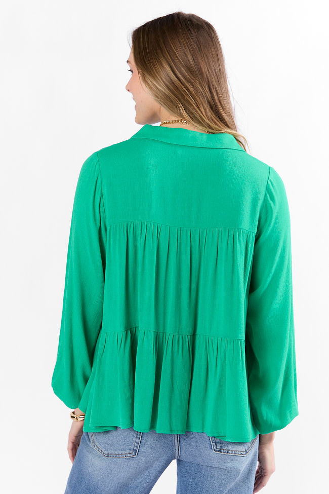 Stylish Green Tiered Relaxed Button Down Blouse for Women - Flowy Casual Shirt with Comfort Fit - Perfect for Office, Date Night & Weekend Outings