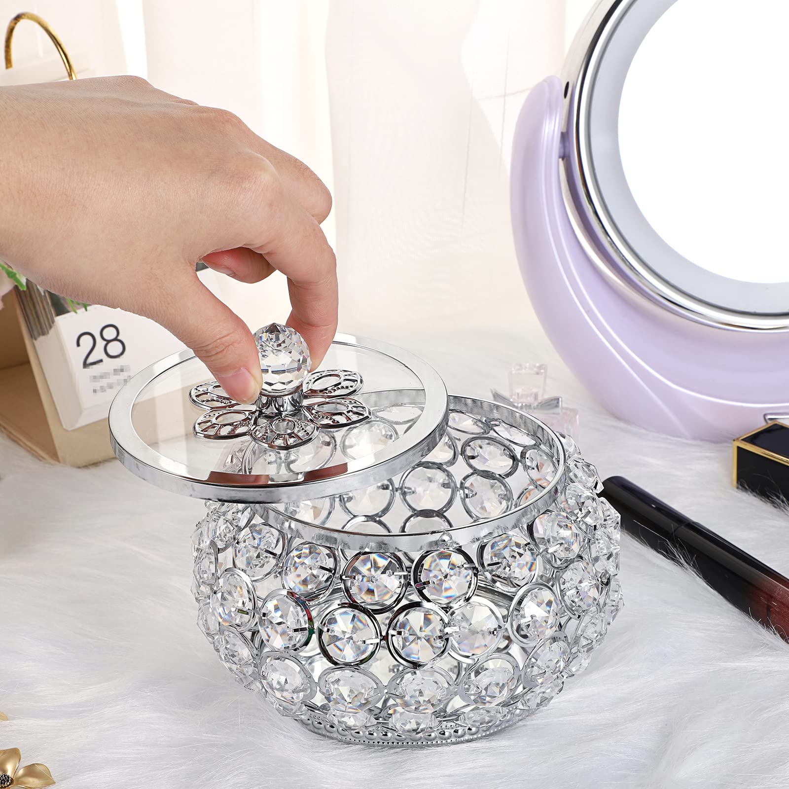 Hipiwe Silver Mirrored Jewelry Box with Glass Lid - Elegant Crystal Trinket Box for Ring, Earrings & Necklace Storage - Perfect Gift for Women & Girls - Ideal for Vanity, Dresser & Travel Organizer