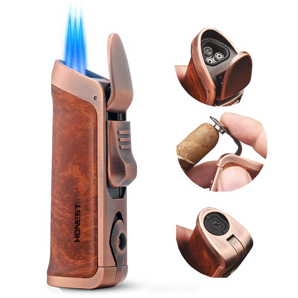 HONEST Triple Jet Torch Lighter with Visible Gas Window - Refillable, Adjustable Flame, Built-in Punch - Perfect for BBQ, Kitchen, Fireplace & Candle Lighting - Great Gift for Men (Brown Wrap)