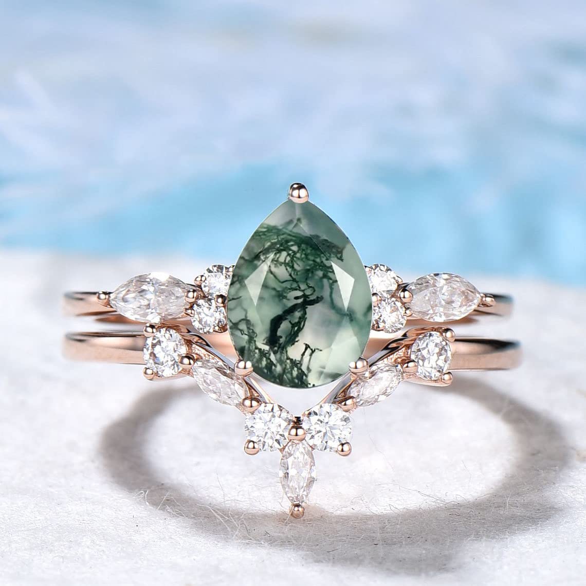 1.25ct Pear Moss Agate Engagement Ring Set in Sterling Silver & Rose Gold - Vintage Green Wedding Band for Women, Unique Bridal Jewelry for Proposals, Anniversaries & Special Occasions