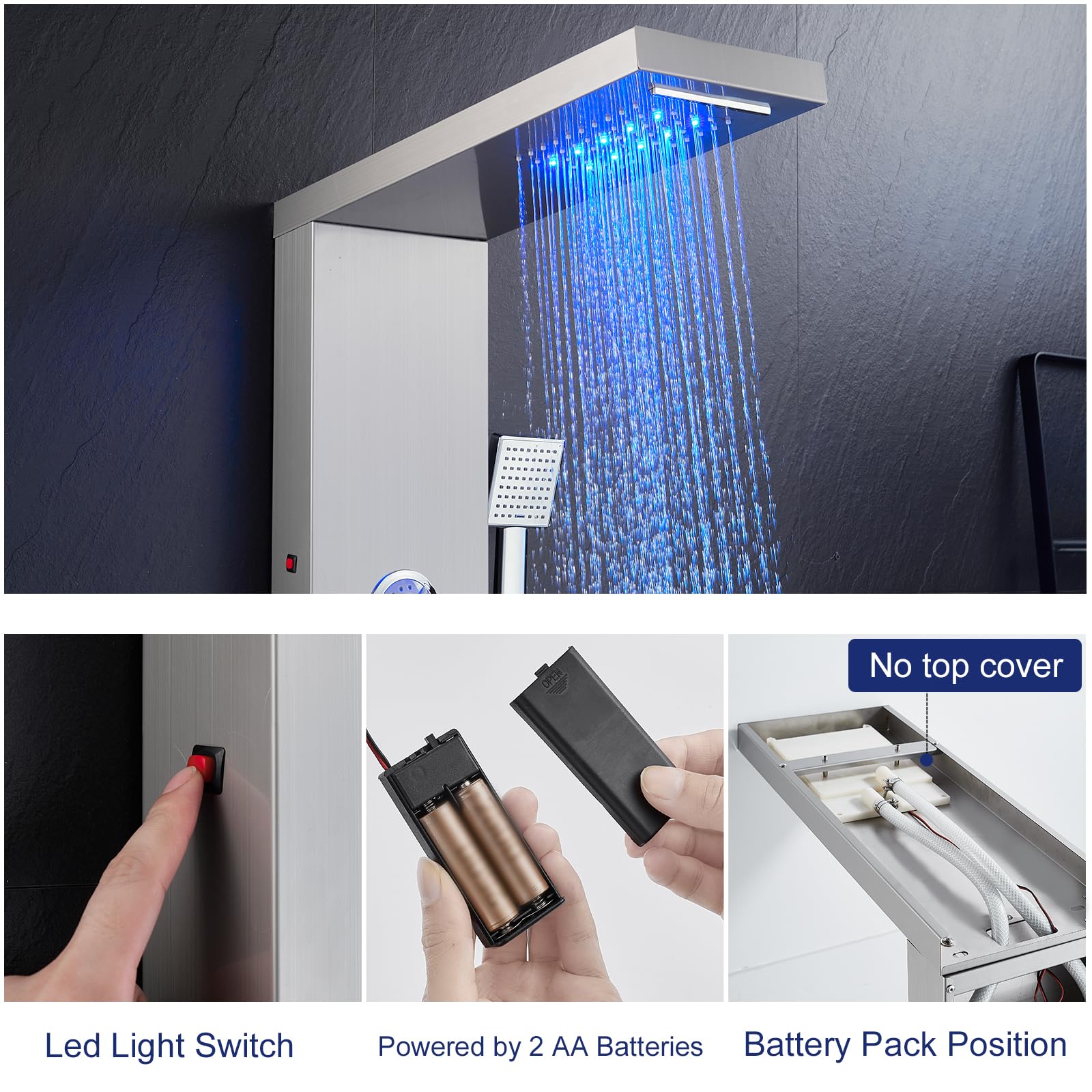 ROVATE 5-in-1 Brushed Stainless Steel LED Shower Panel Tower System - Rainfall, Waterfall, Massage Jets & Handheld Shower Combo - High Pressure Bathroom Upgrade for Spa-Like Experience
