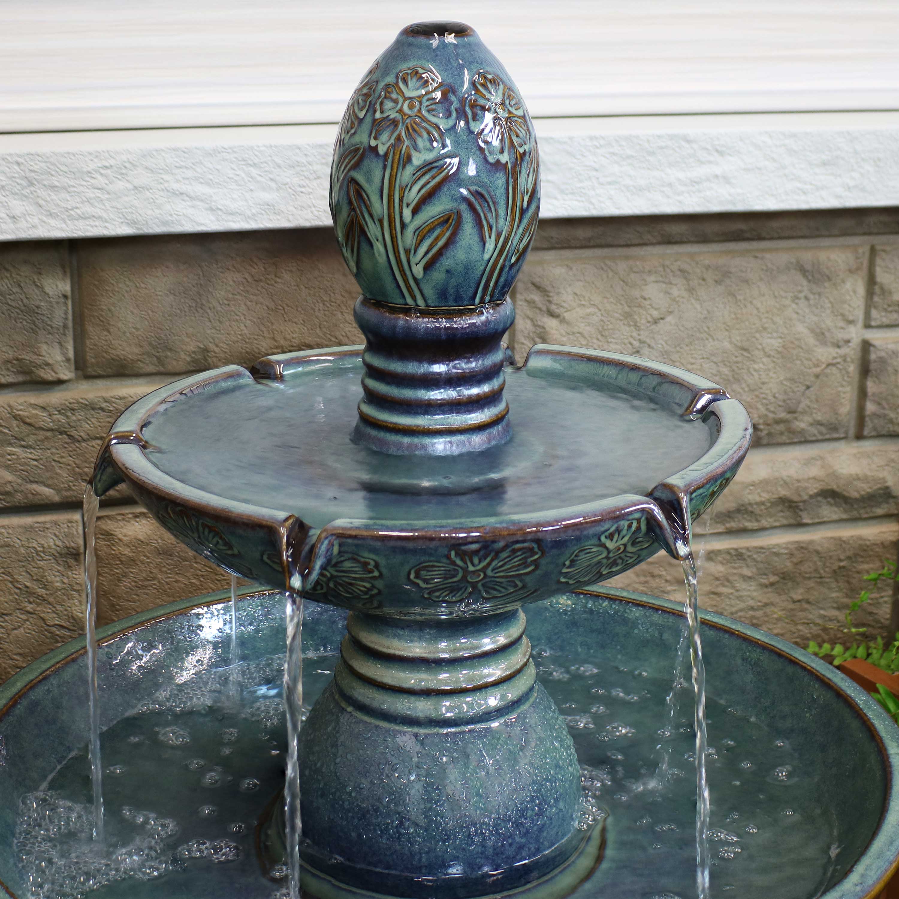 Double Tier Outdoor Ceramic Water Fountain with LED Lights - 38