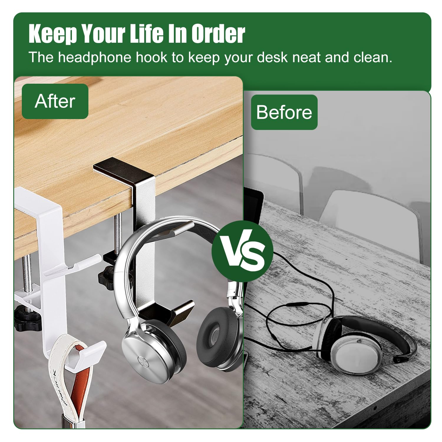 Jiehaojia 2-Pack Adjustable Universal Headphone Stand Holder - Under Desk Mount Gaming Headset Hanger for All Headphones (Black/White) - Perfect for Home Office, Gaming Setup & Workspace Organization