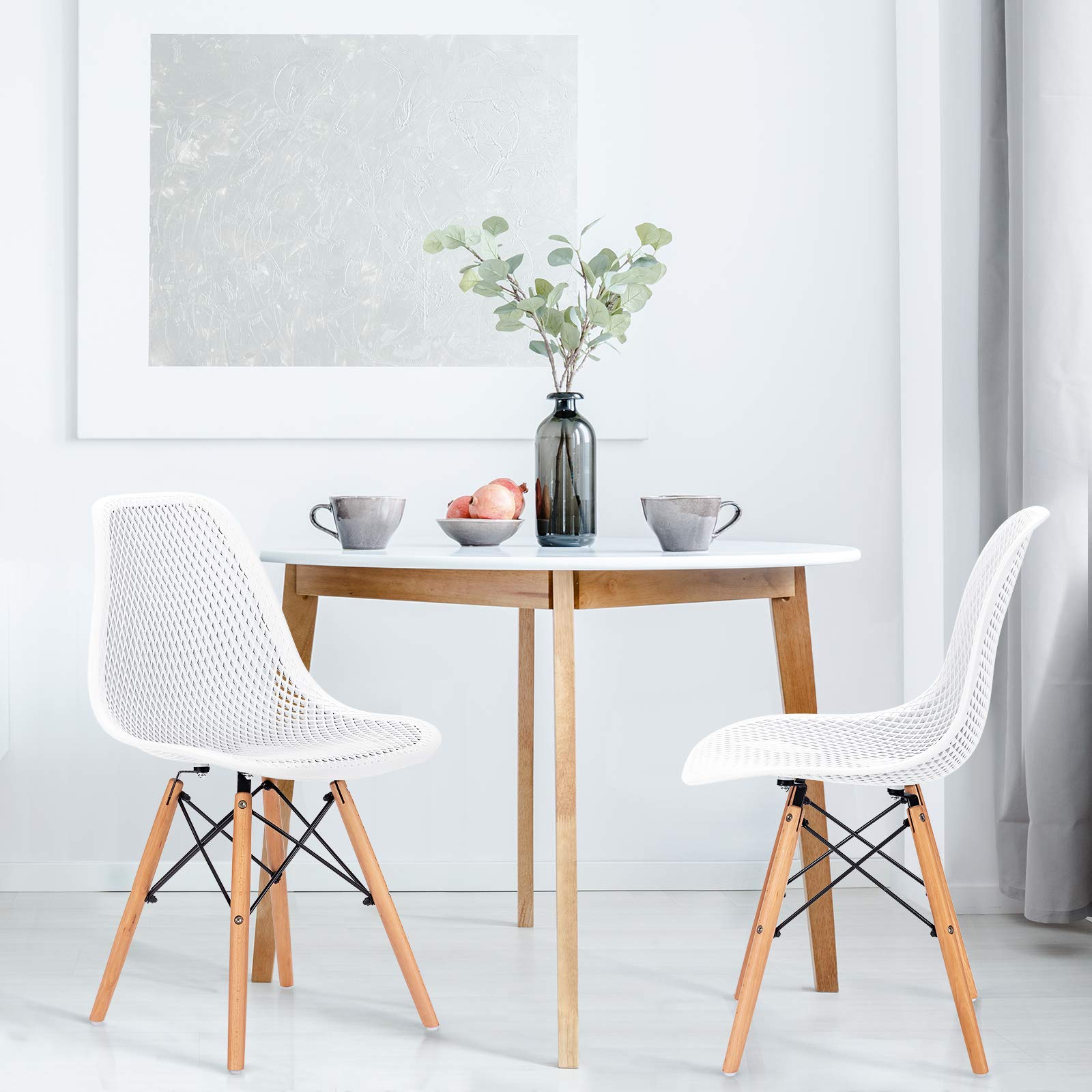 Modern Moccha Set of 4 Dining DSW Chairs with Beech Wood Legs & Mesh Design - Shell PP Lounge Side Chairs for Dining Room, Living Room, Kitchen - Perfect for Home Decor, Small Spaces & Entertaining Guests (White)