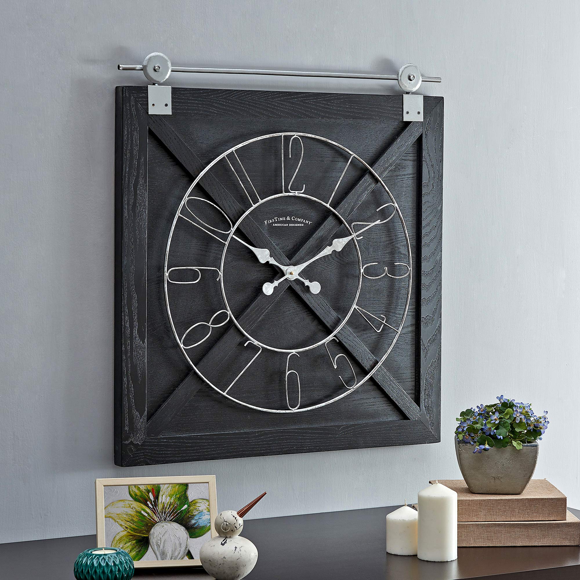 FirsTime & Co. Black Farmstead Barn Door Wall Clock - American Designed, 27 x 2 x 29 Inches - Rustic Home Decor for Living Room, Kitchen, Office & Farmhouse Style Spaces