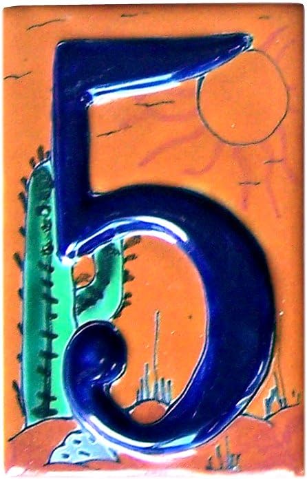 Desert Talavera Ceramic House Number 5 - Hand-Painted Mexican Tile Address Plaque for Outdoor Home Decor, Front Porch & Garden Signage