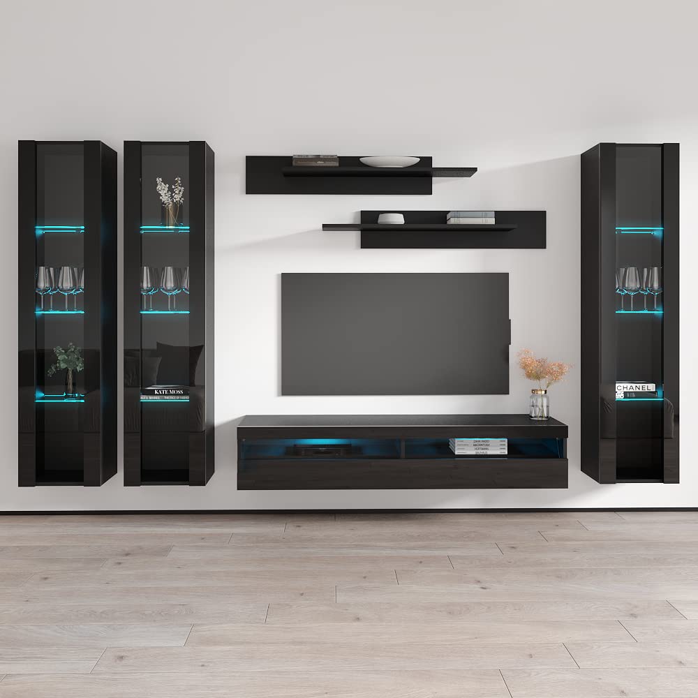 Modern Wall-Mounted TV Stand with Storage & LED Lights - Floating Entertainment Center Console for Bedroom & Living Room - Black TV Stand with Shelves for 35