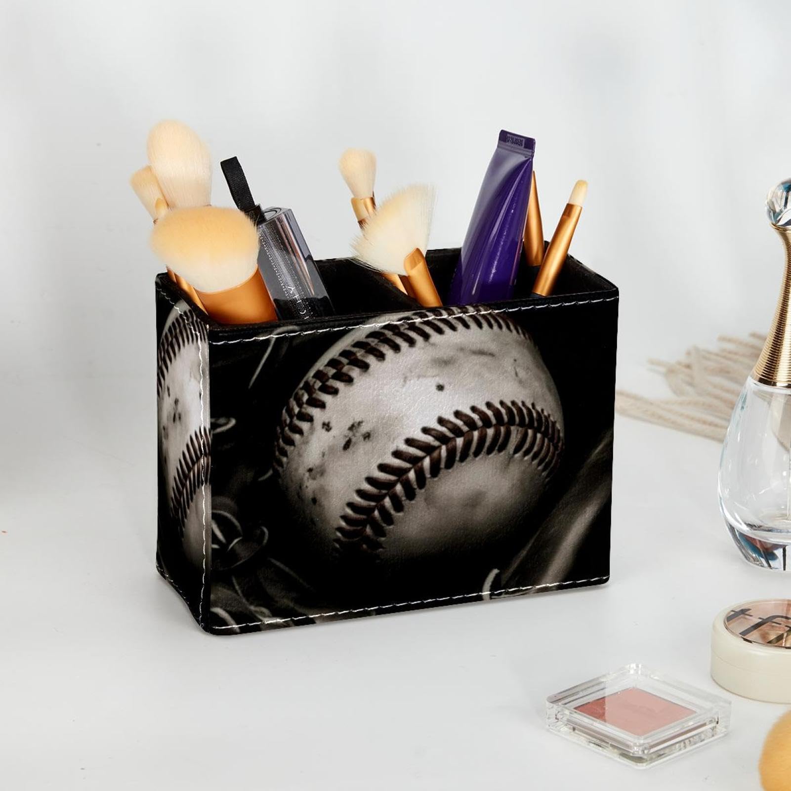 Baseball Themed Pencil Holder & Makeup Brush Organizer - Stylish Desk Accessory for School, Office, and Makeup Vanity