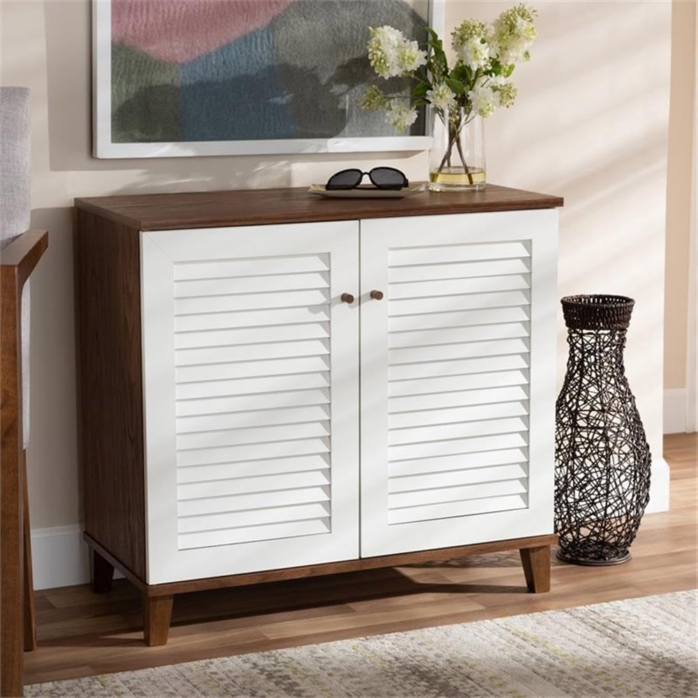 BOWERY HILL Modern 2-Door Shoe Cabinet - White & Walnut Shoe Storage Organizer Holds 12 Pairs - Perfect for Entryway, Bedroom or Closet Organization