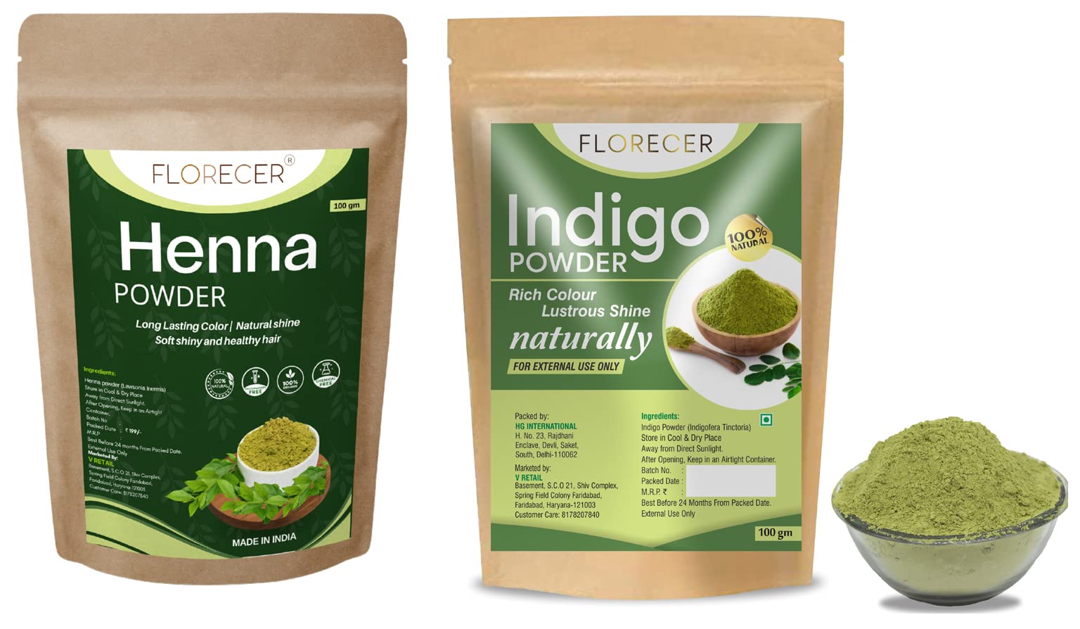 Organic Florecer Indigo Powder & Henna Powder Combo for Natural Hair Color (100g Each) - Safe Hair Dye for Men & Women | Perfect for DIY Hair Coloring at Home, Salon Treatments, and Ayurvedic Hair Care