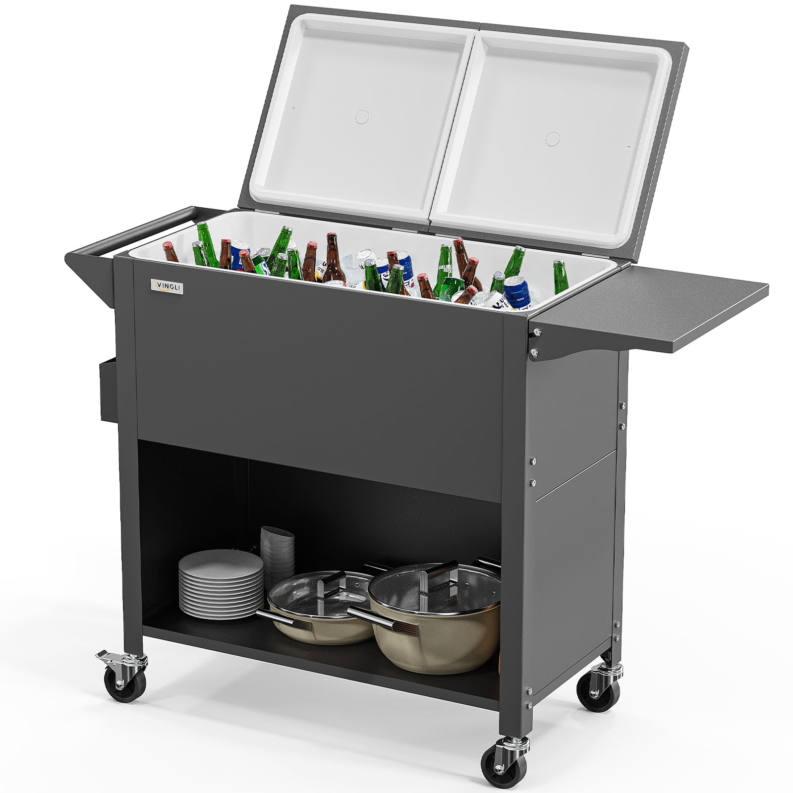 VINGLI 80 Quart Rolling Cooler with Wheels - Heavy Duty Outdoor Ice Chest for Camping, Beach, Tailgating & Parties - Includes Removable Shelf, Bottle Opener & Water Pipe - Perfect for Backyard BBQs, Poolside Drinks & Picnics