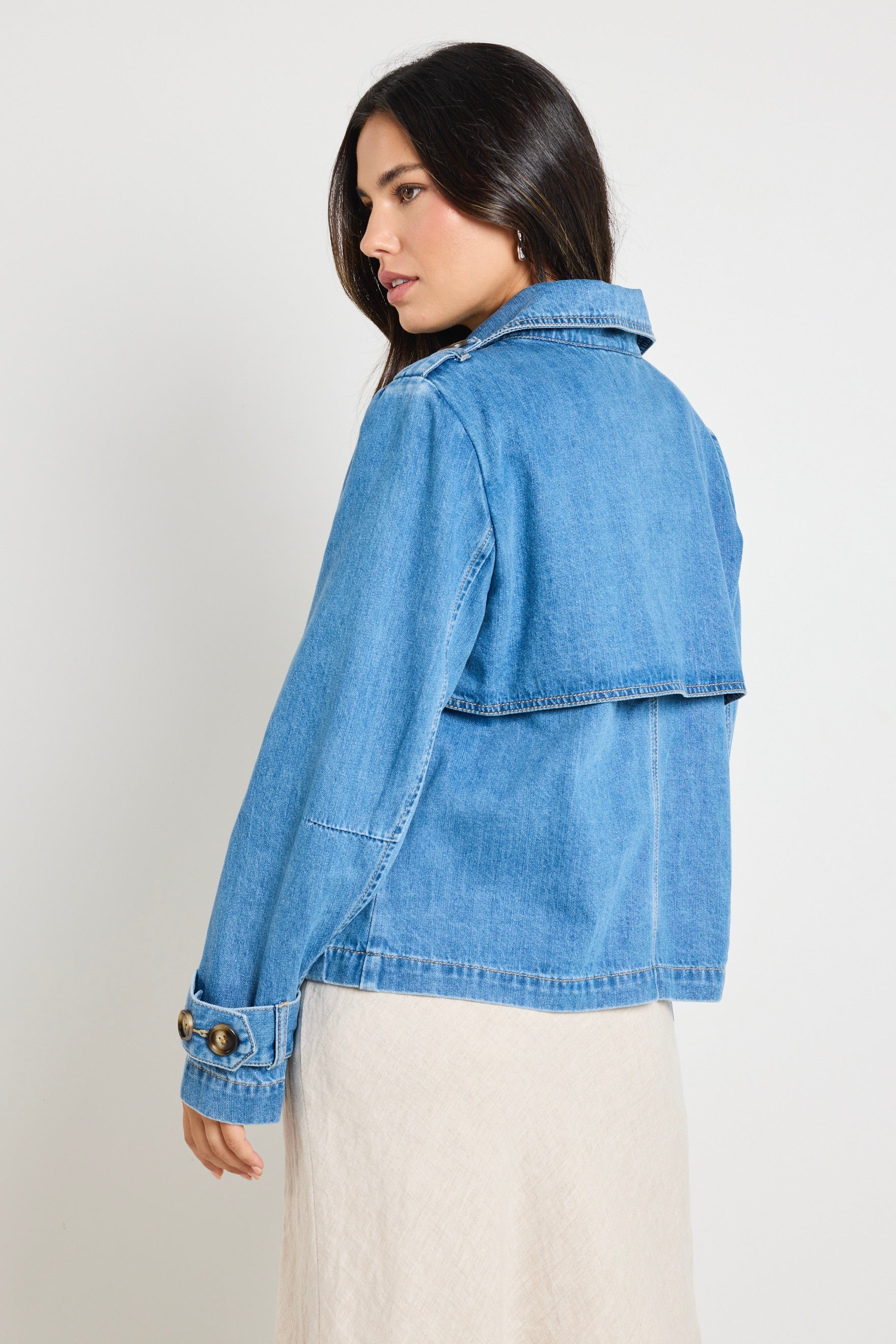 Heritage Storm Blue Cropped Denim Trench Jacket - Vintage Style Women's Denim Coat for Casual Outfits & Streetwear Fashion