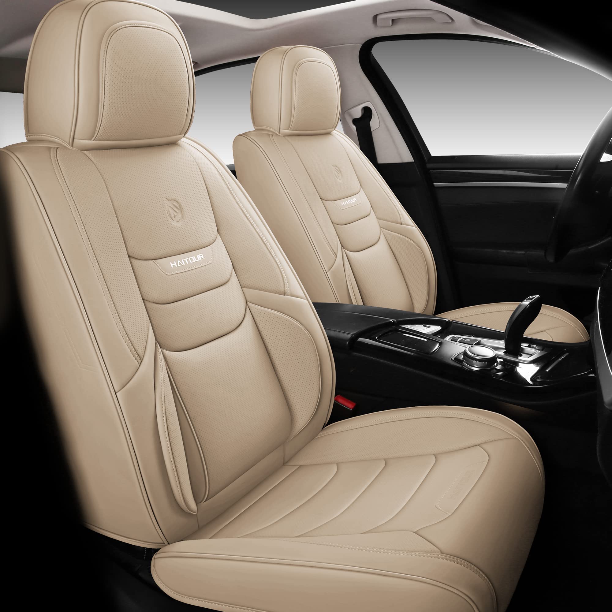 HAITOUR Universal Full Coverage Leather Car Seat Covers Set - Waterproof Leatherette for Most Sedans, Trucks & SUVs (Beige) | Premium Automotive Seat Protection for Daily Commute & Road Trips