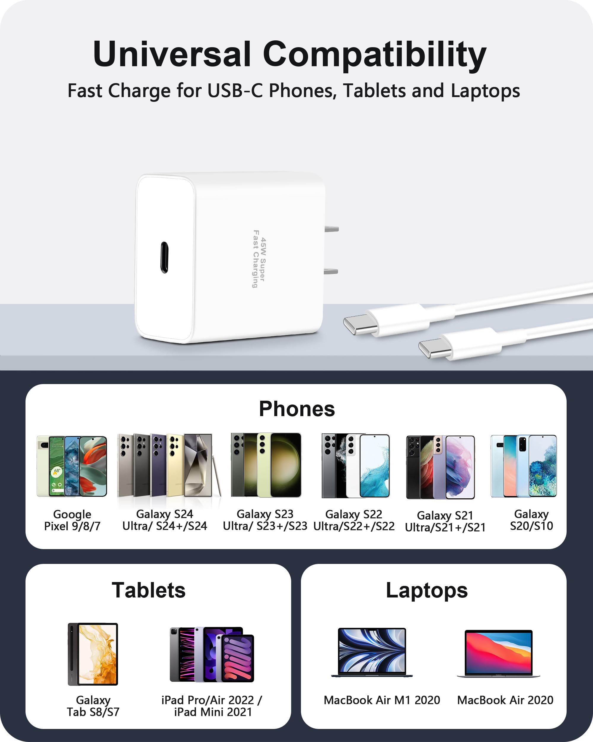 WODENTA 45W USB C Fast Charger 2-Pack - Super Fast Charging Wall Charger Block with [6FT+10FT] USB C to C Cable for Google Pixel 9/9 Pro/9 Pro XL/9 Pro Fold - Perfect for Home, Office & Travel Charging