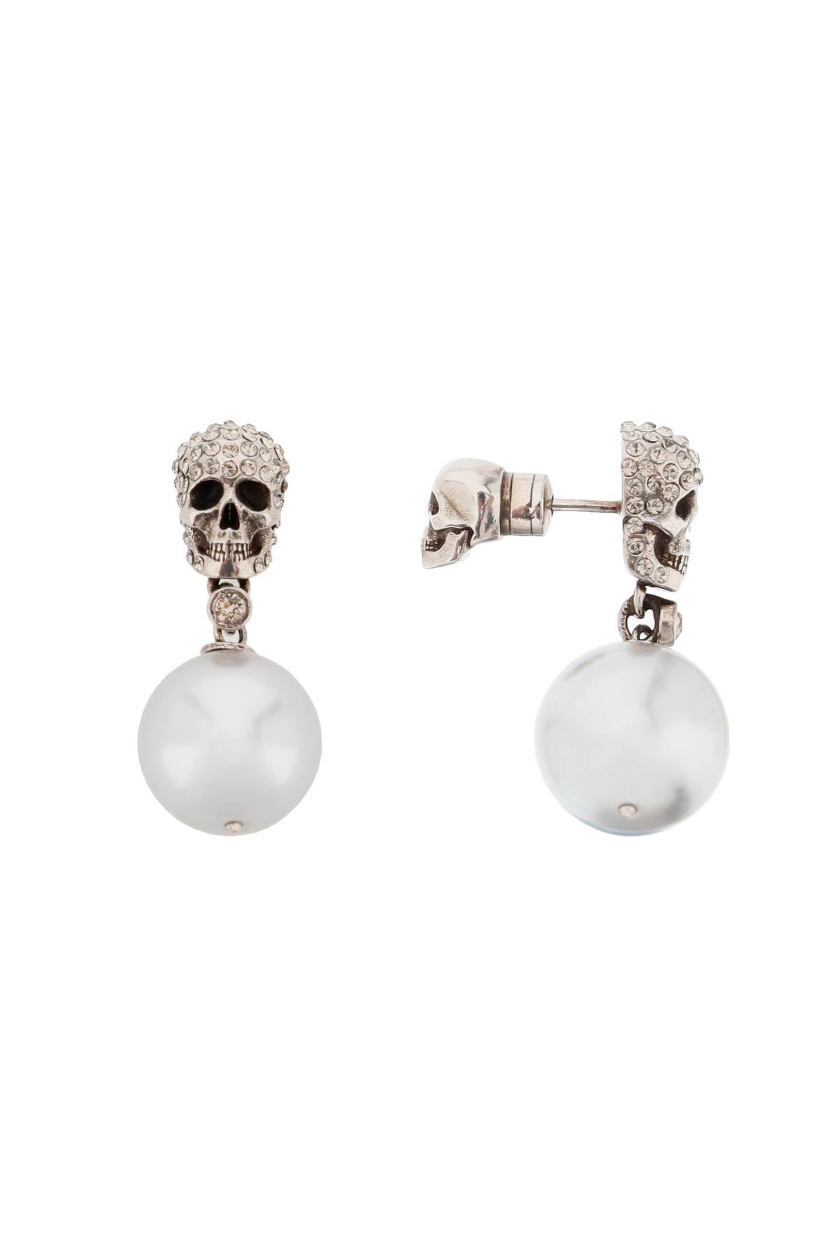 Alexander McQueen Pearl Skull Earrings with Crystal Pavé - Elegant Gothic Jewelry for Women, Perfect for Parties, Weddings & Evening Events