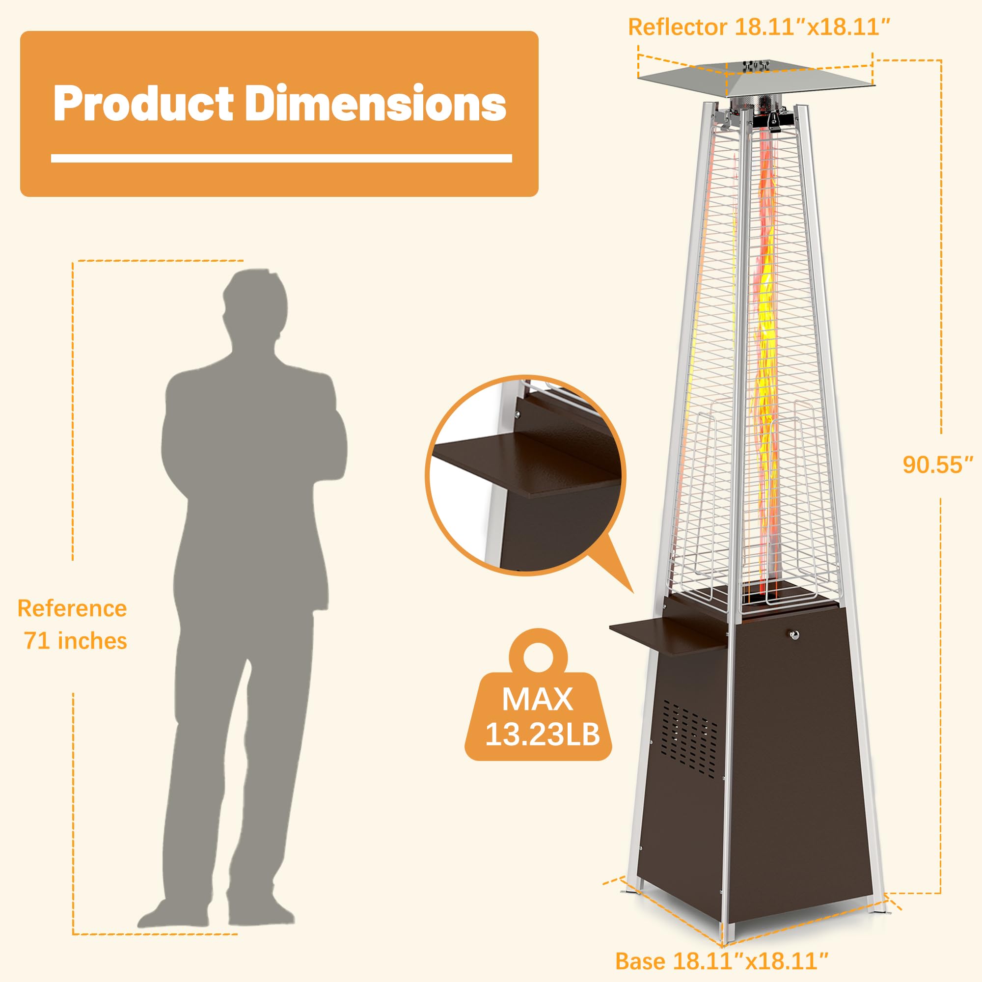FOOWIN 48,000 BTU Outdoor Propane Patio Heater with Detachable Table, Wheels & Waterproof Cover - Hammered Bronze Quartz Glass Tube Heater for Backyard, Deck, Restaurant & Garden Parties