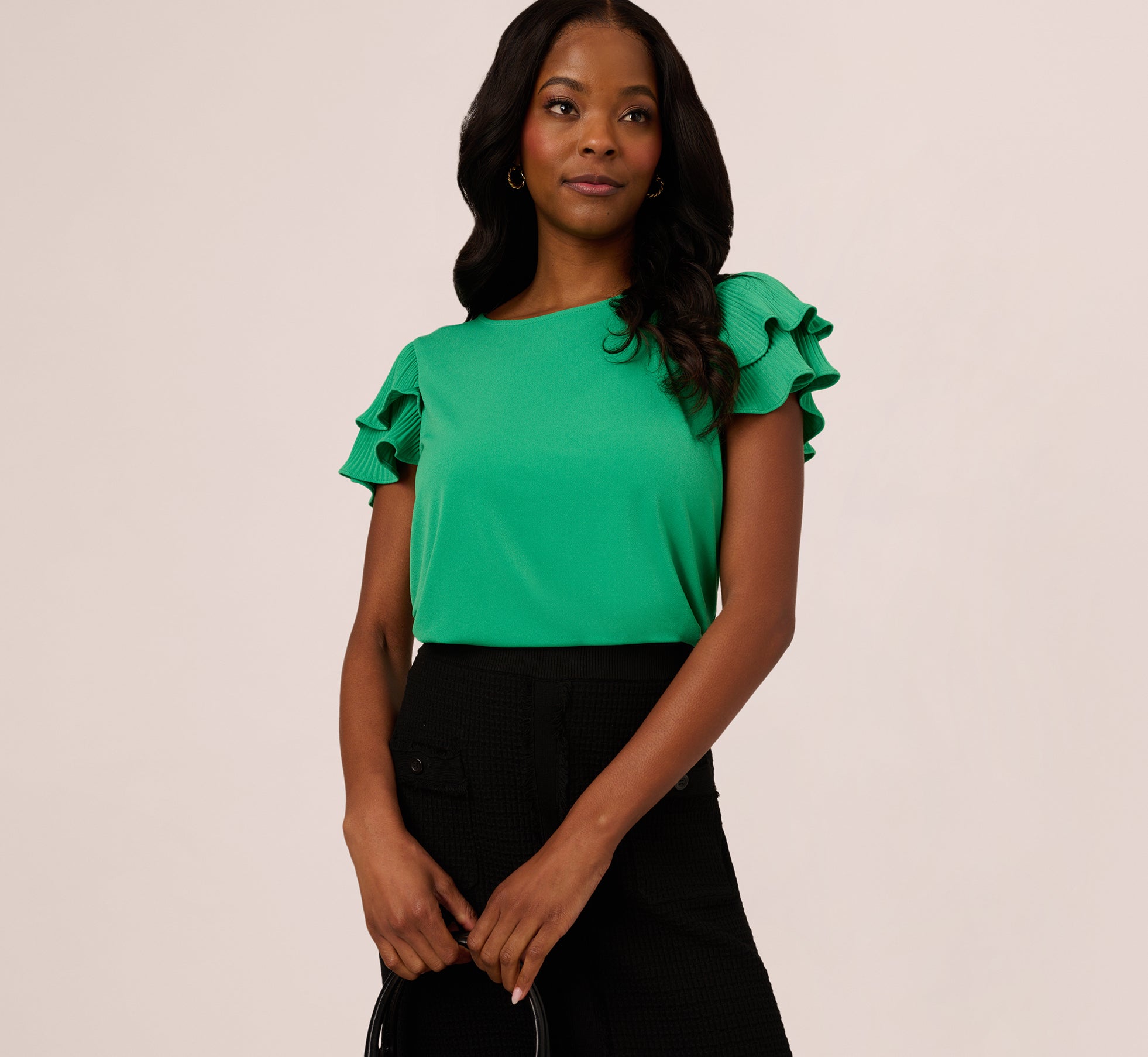 Double Flutter Sleeve Blouse with Pleated Details - Women's Jelly Bean Color Casual Top for Spring/Summer, Office Wear & Date Night Outfits