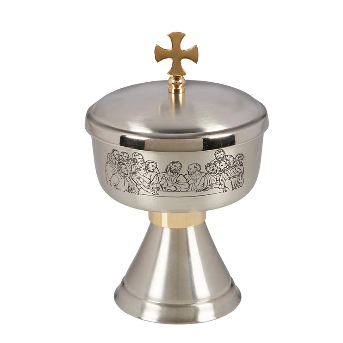 7 1/4 Inch Last Supper Etched Brass Ciborium with Cover - Religious Communion Chalice for Catholic Mass, Church Altar & Home Worship