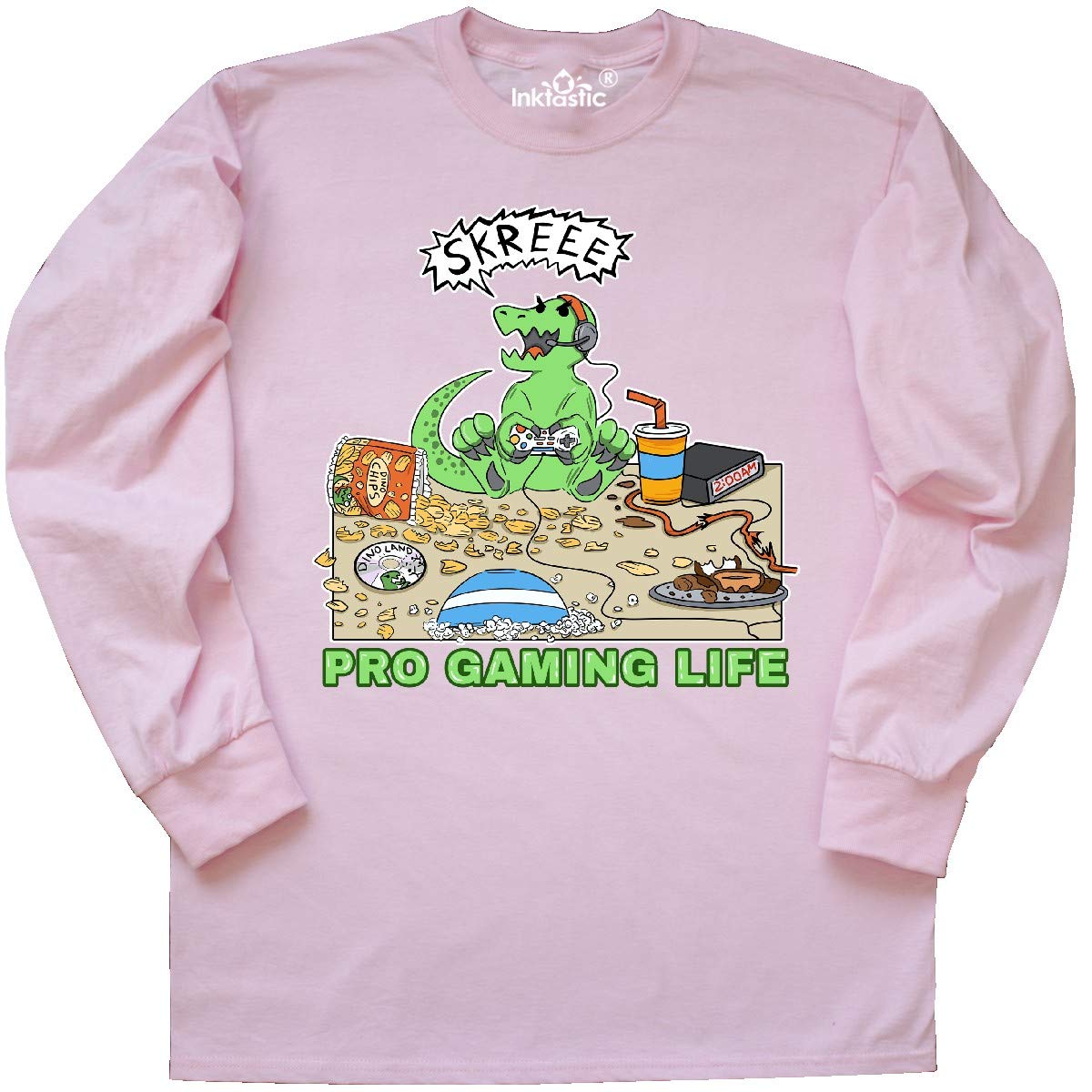 Inktastic Pro Gaming Life Dinosaur Long Sleeve T-Shirt for Men & Women - Comfortable Gamer Tee for Casual Wear, Gaming Sessions & Esports Events