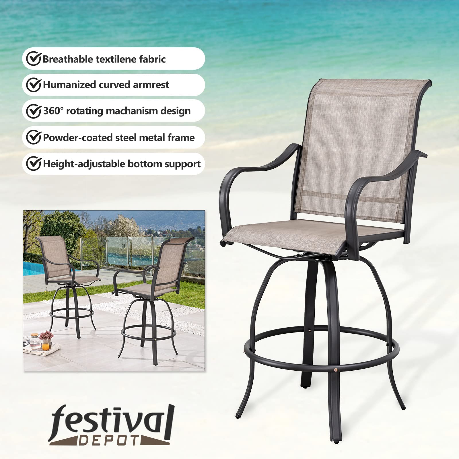 6-Piece Patio Dining Set with Swivel Bar Stools & Tempered Glass Table - Outdoor Metal Bistro Furniture for Yard, Garden, Deck or Poolside (Taupe) - Perfect for Entertaining, BBQs & Relaxing Outdoors