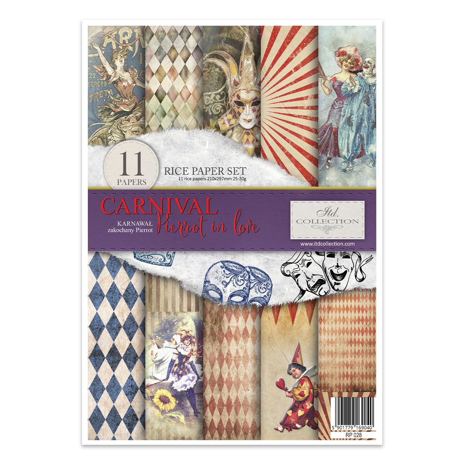 Carnival Pierrot in Love Rice Paper RP028 - 29.7 x 21 cm (11.7 x 8.3 inches) - Perfect for Scrapbooking, Origami, and Decorative Art Projects