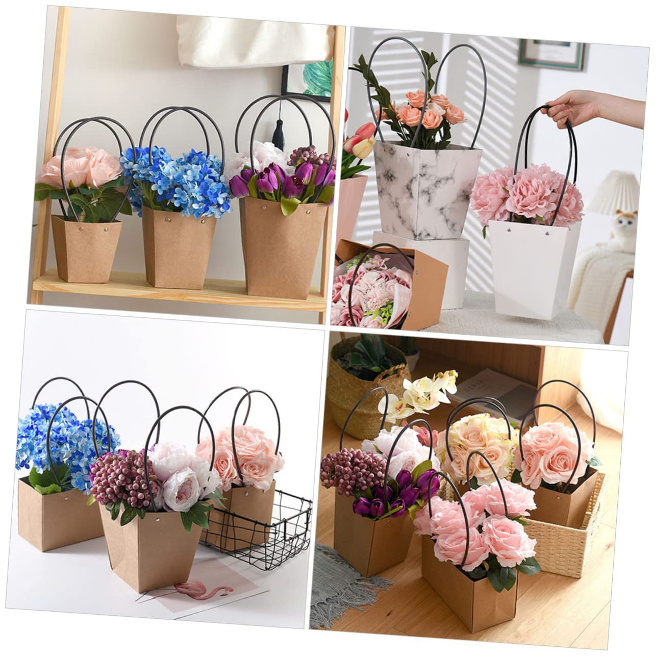 20 Pack Brown Kraft Paper Flower Bags with Handles - Eco-Friendly Bouquet Gift Bags for Weddings, Baby Showers & Party Favors - Portable Bulk Flower Packaging