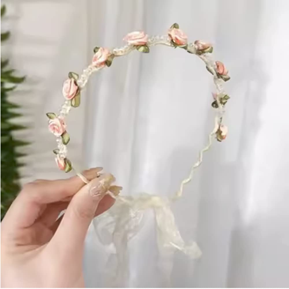 Fashionable Women's Floral Headband with Tassels and Pearl Beads - Elegant Hair Accessories for Women & Girls (Pink) - Perfect for Weddings, Parties and Everyday Wear