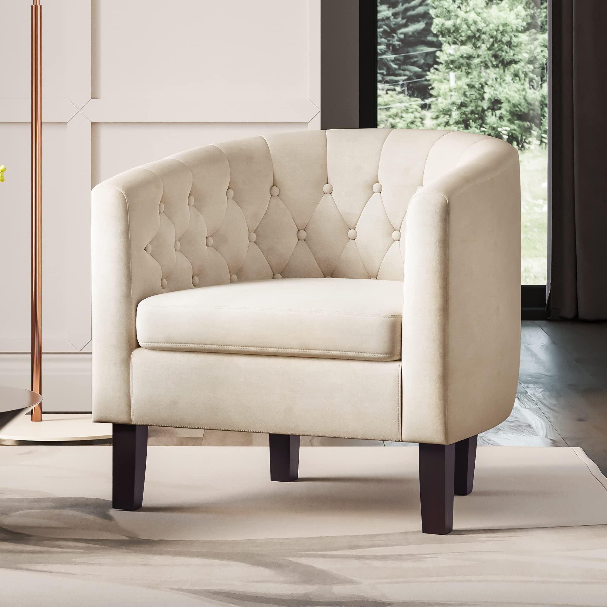 BELLEZE White Accent Chairs for Living Room & Bedroom - Elegant Upholstered Tufted Barrel Armchair with Sturdy Legs & Linen Fabric, Modern Club Chair for Home Office, Lounge & Guest Room (Berlinda, White)