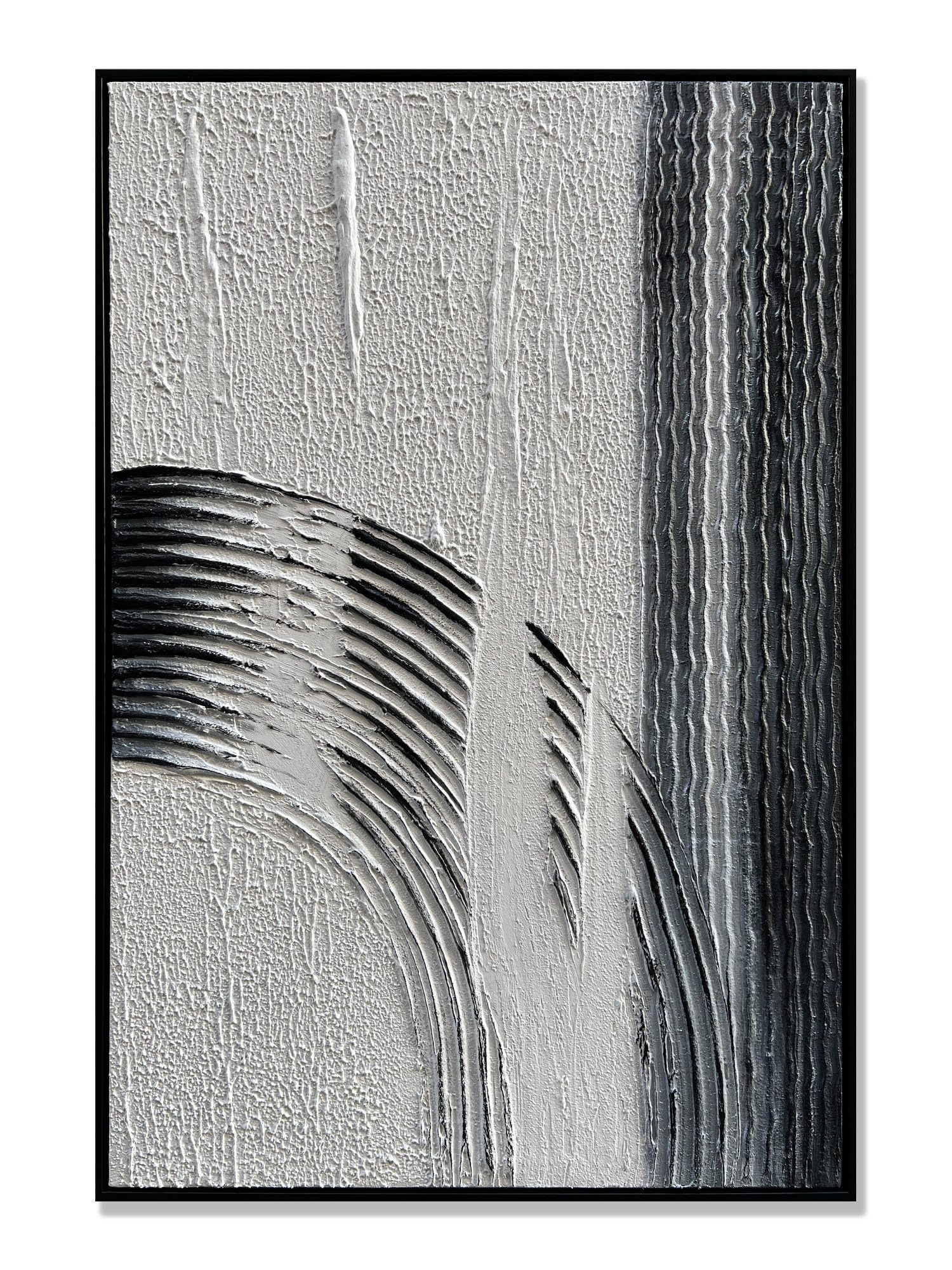 Abstract Black and White Vertical Oil Painting on Canvas - Minimalist Wall Art with Black Frame for Living Room, Bedroom & Office Decor