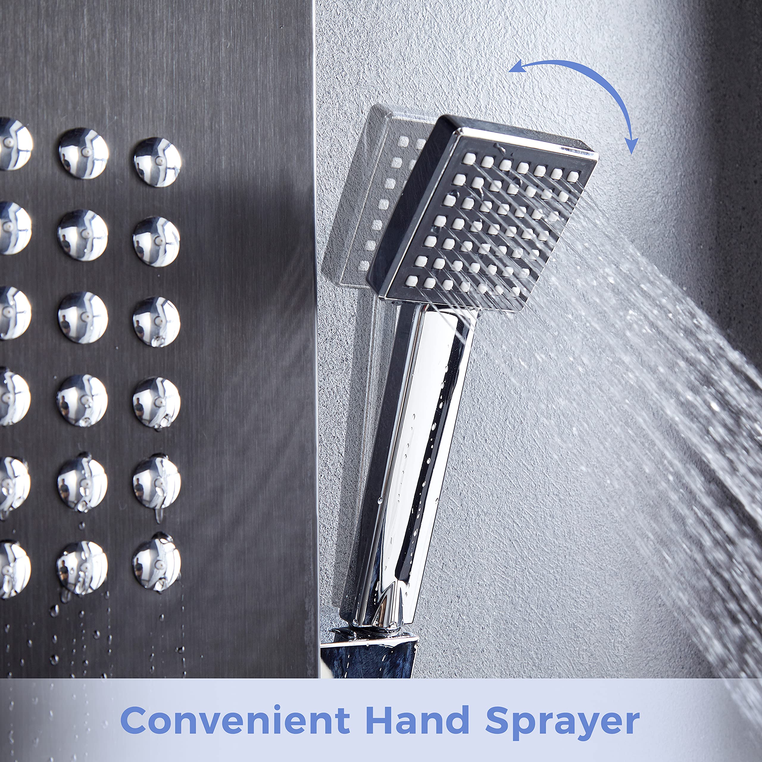 Delavin Multi-Function Shower Panel System - Stainless Steel Rainfall & Waterfall Shower Tower with Body Jets, Tub Spout & Handheld Shower | Brushed Black Finish | Perfect for Luxury Bathroom Renovation & Spa-Like Shower Experience