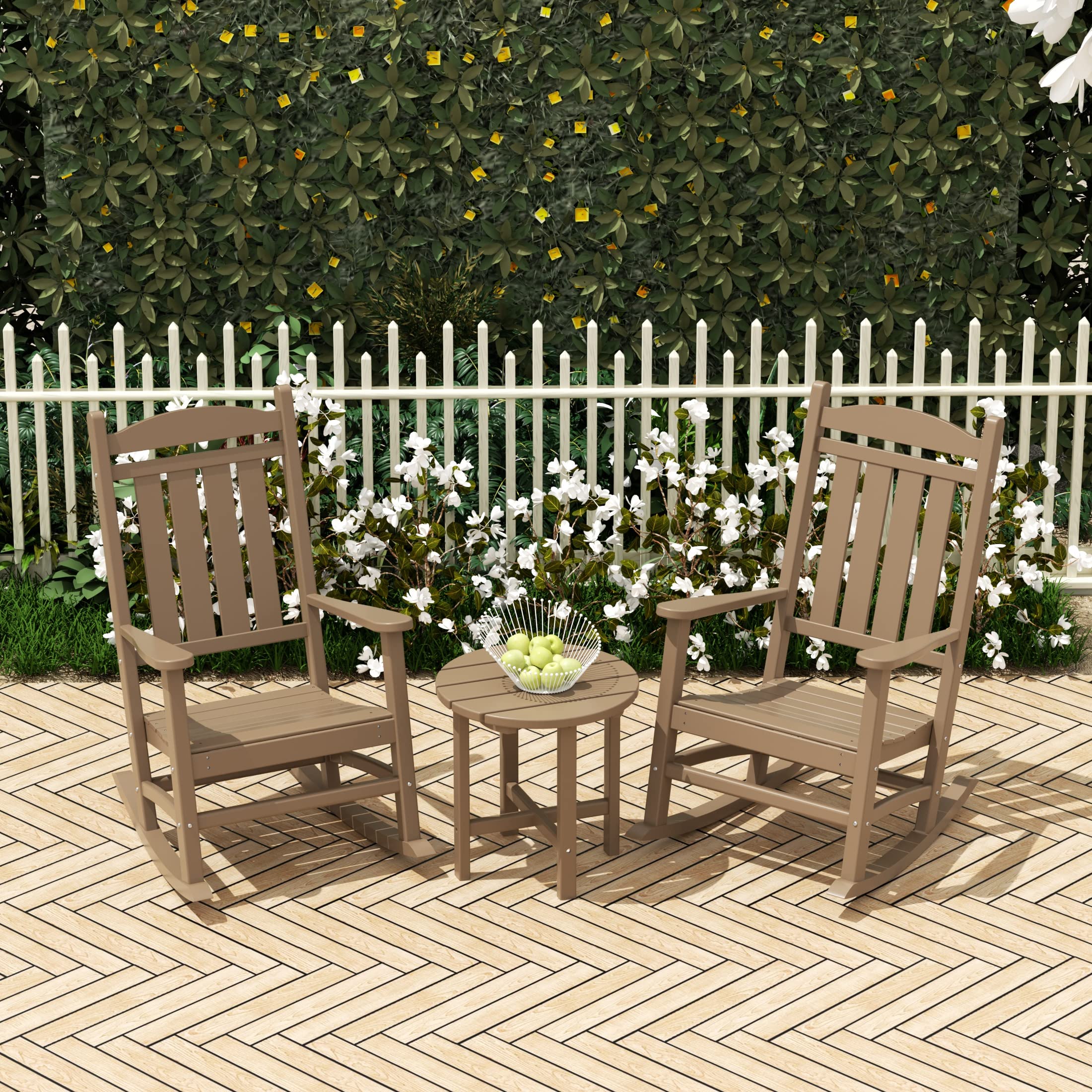 WO Home Furniture 3-Piece HDPE Outdoor Rocking Chair Set - Traditional Patio Rocking Chairs in Weathered Wood Finish - Perfect for Backyard, Garden, Porch & Poolside Relaxation