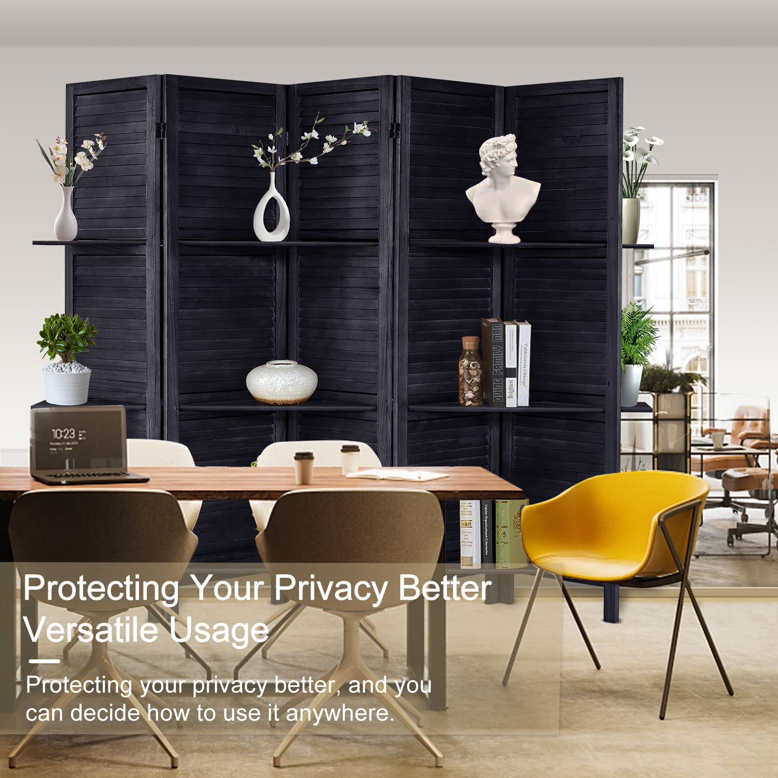 5.6 Ft Tall Wood Room Divider with Shelves - 5 Panel Folding Privacy Screen & Wall Partition for Home, Office, or Studio (Black) | Space Separator for Living Room, Bedroom, and Workspace