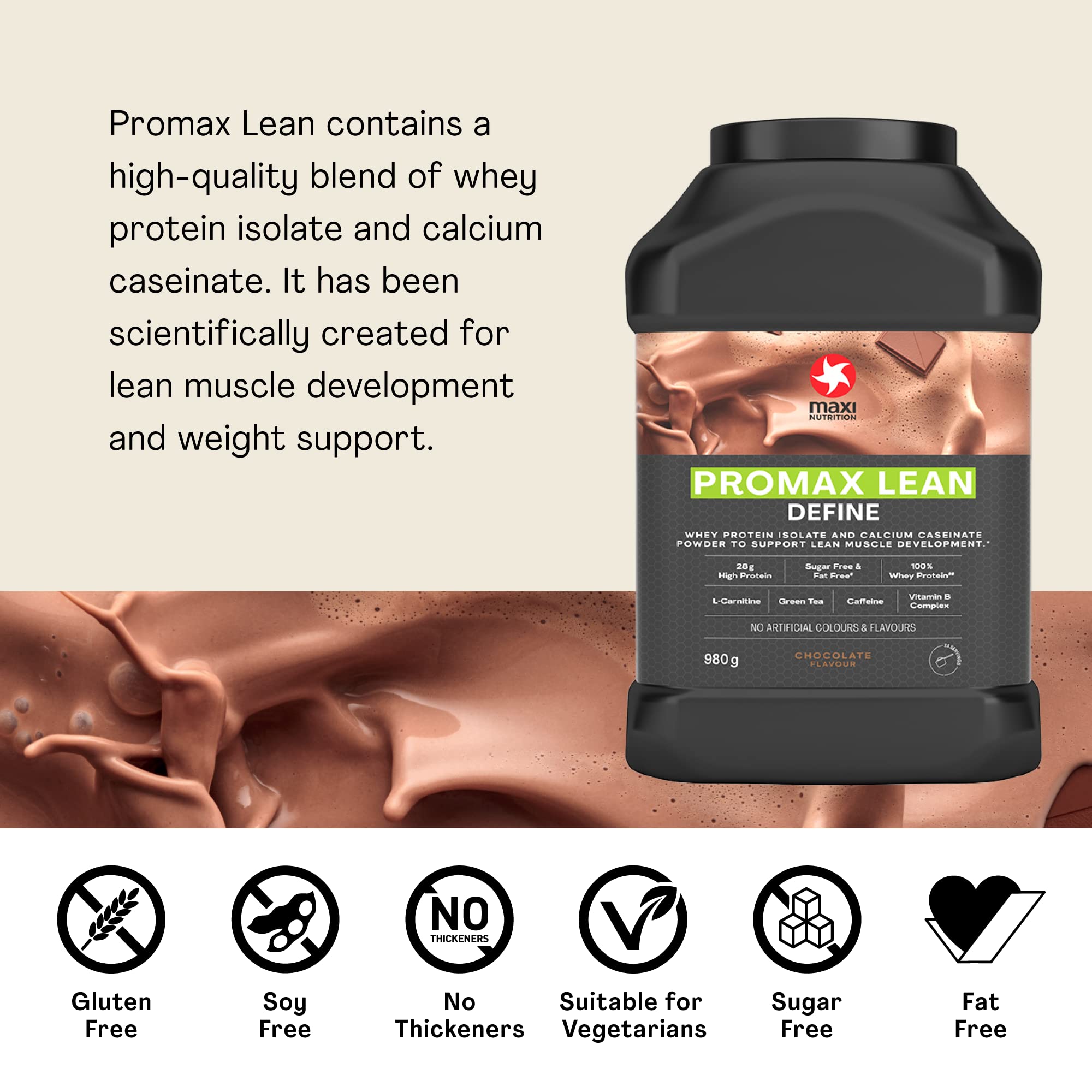 MaxiNutrition Promax Lean Chocolate Whey Protein Powder - 28g Protein, Sugar Free, Fat Free, 128kcal per Serving for Lean Muscle Development - Ideal for Post-Workout Recovery & Weight Management (980g)