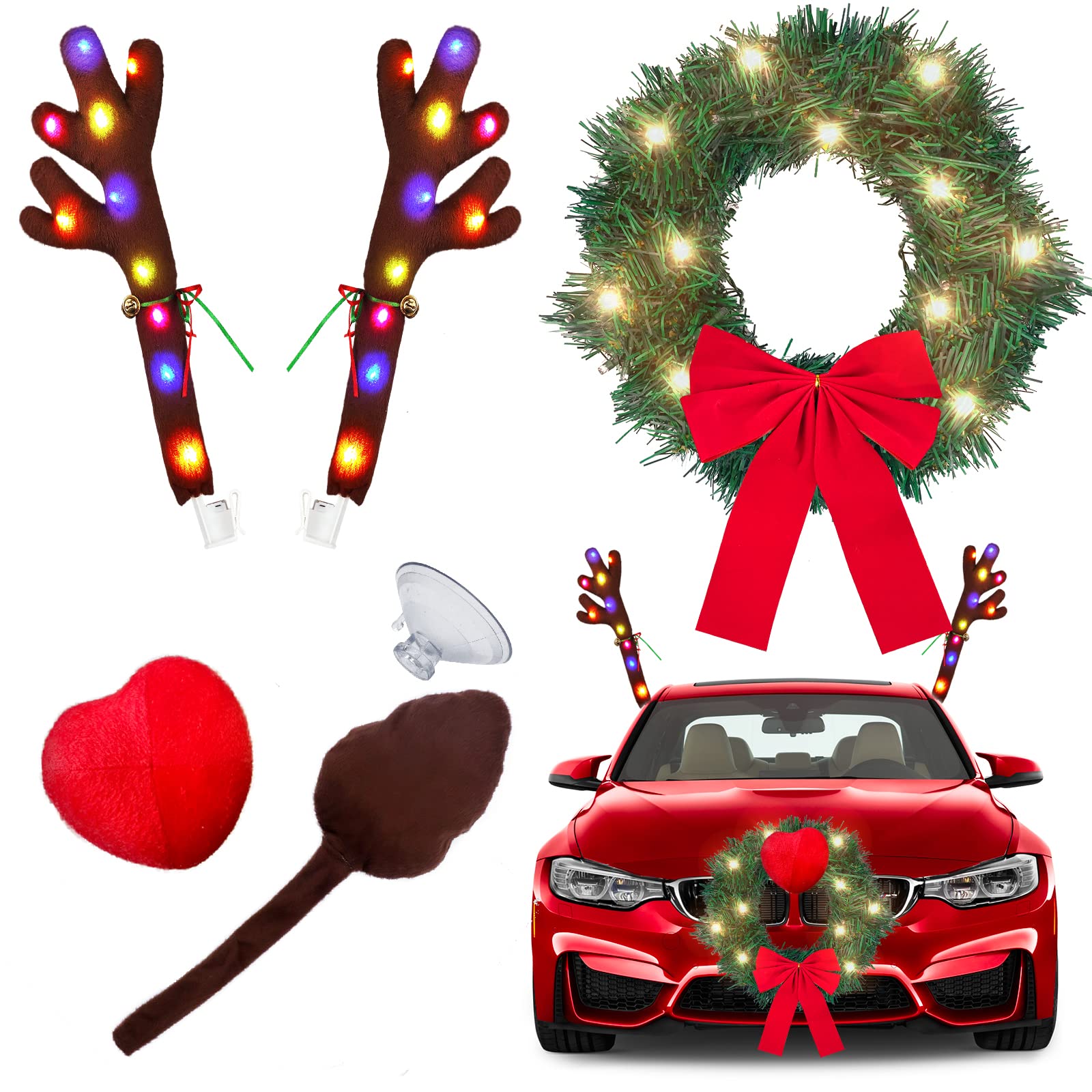 Christmas Car Decorations Kit - Reindeer Antlers, Nose & Tail Bells, LED Wreath for SUV & Vehicle Exterior | Brown Holiday Accessories for Christmas Parties & Parades