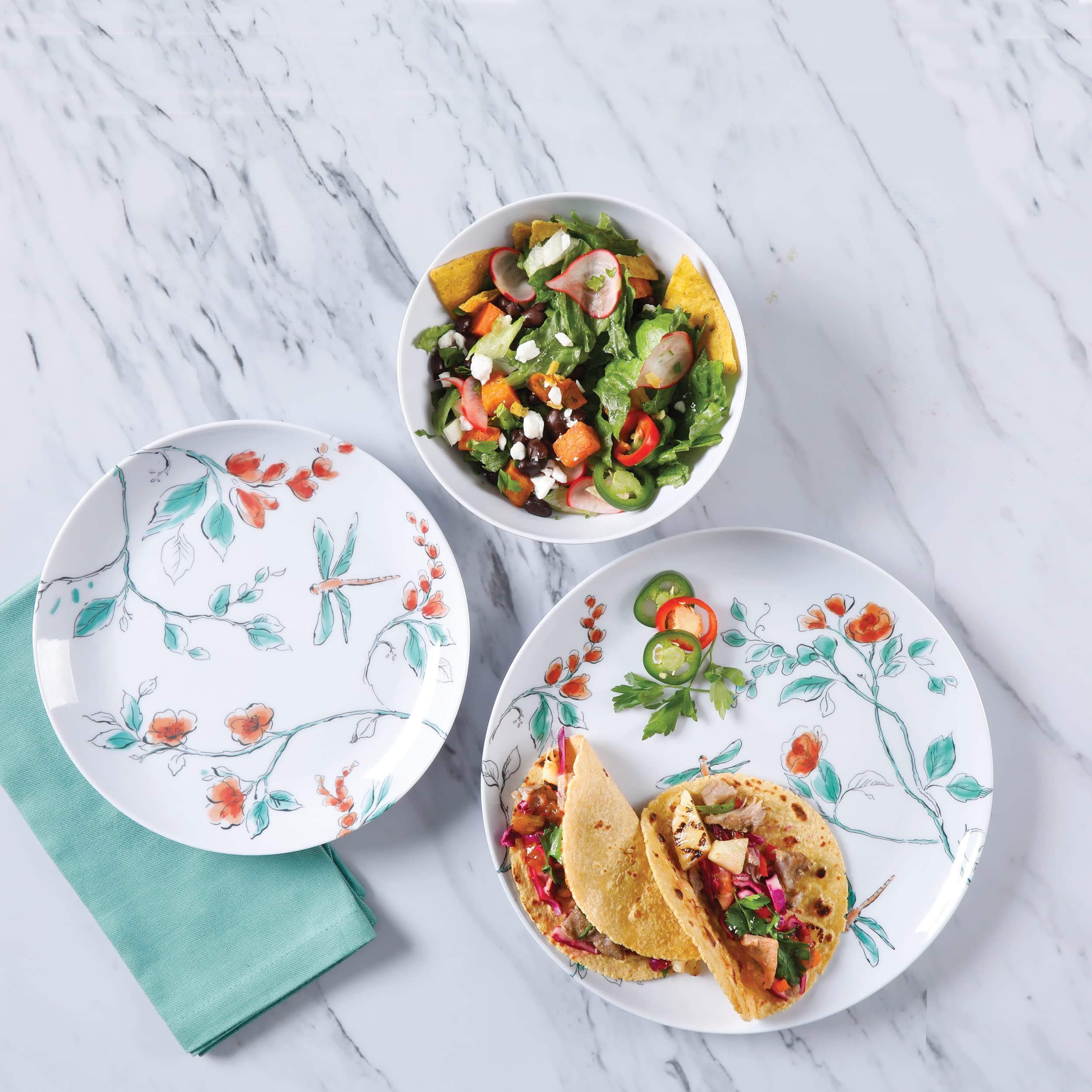 Martha Stewart Dragonfly Melamine Dinnerware Set - White, 12-Piece Service for 4, Shatterproof Outdoor & Indoor Dining Plates, Bowls, Cups - Perfect for Patio, Picnic, Pool Party, and Everyday Use