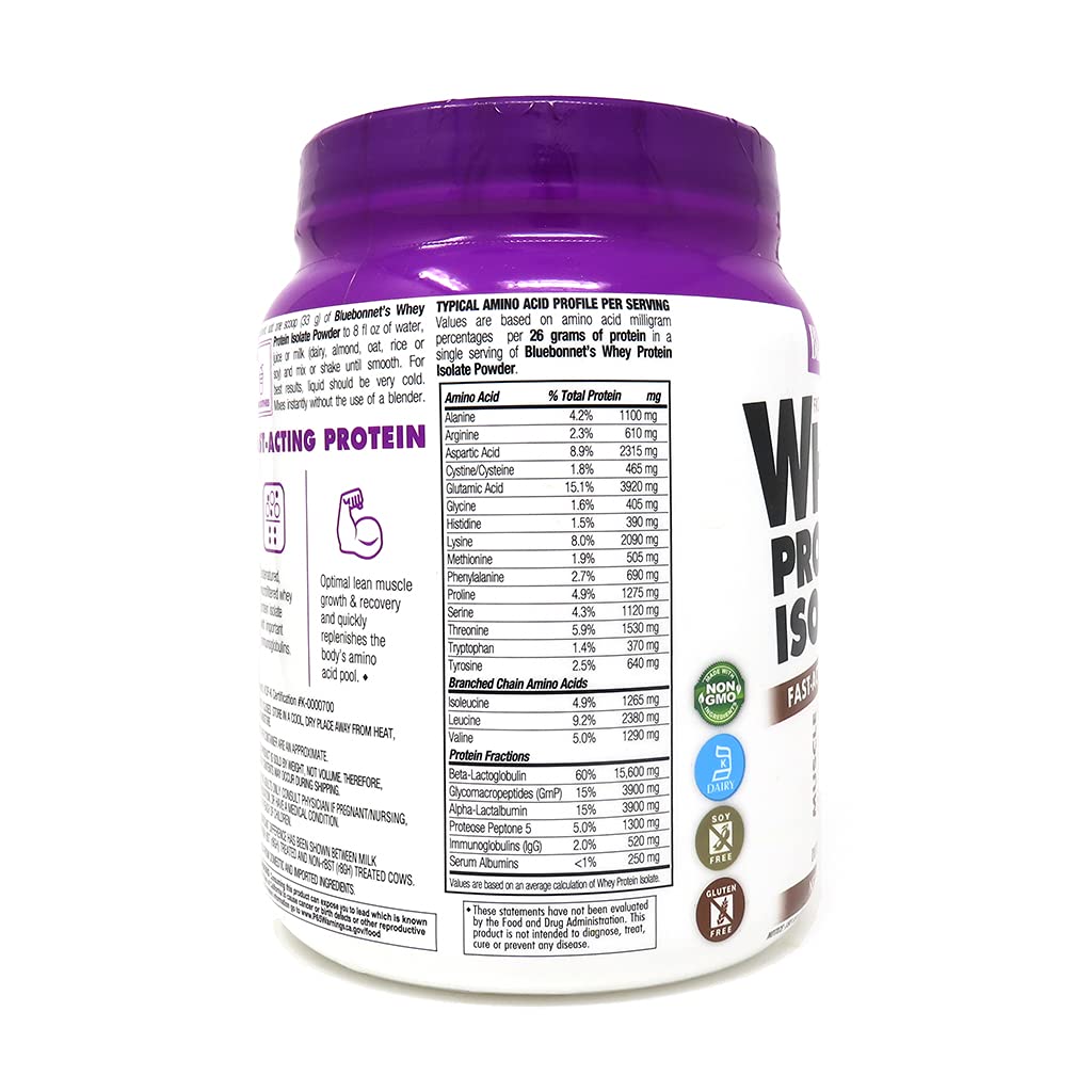 Bluebonnet Nutrition Whey Protein Isolate Powder from Grass-Fed Cows - 26g Protein, No Sugar Added, Gluten Free, Soy Free, Kosher Dairy - 1 Lb (14 Servings) Chocolate Flavor for Post-Workout Recovery & Muscle Building
