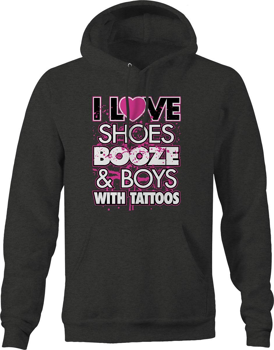 I Love Shoes Booze and Boys with Tattoos Graphic Hoodie for Men - Dark Gray | Casual Streetwear, Funny Gift for Boyfriend, Biker & Tattoo Lovers