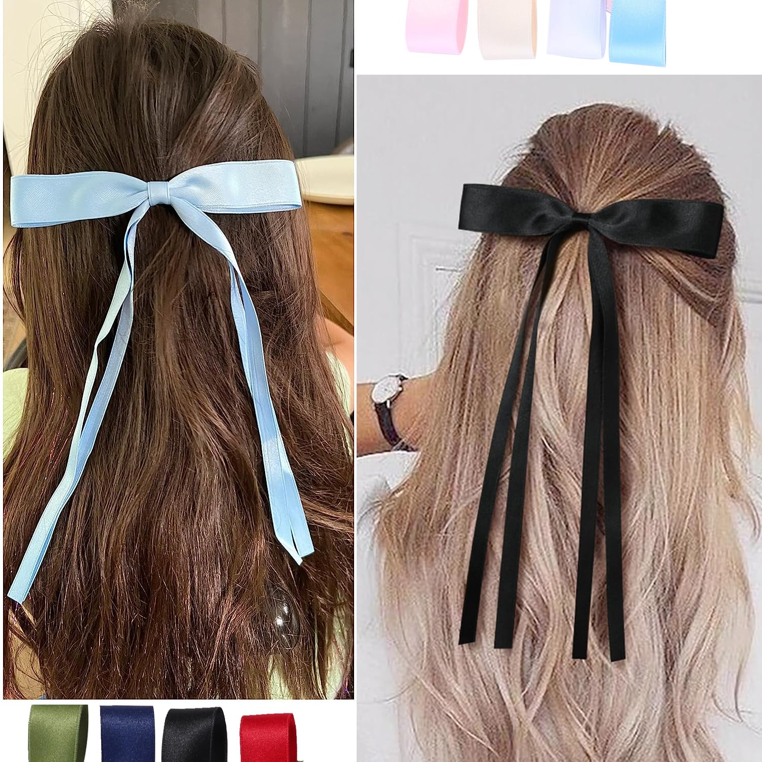 Elegant Satin Hair Bows Clips for Women & Girls - Long Tail Bowknot Ribbons with Metal Clips, French Hair Barrettes (12-Piece Mix Set) - Perfect for Weddings, Parties, School & Everyday Hair Accessories
