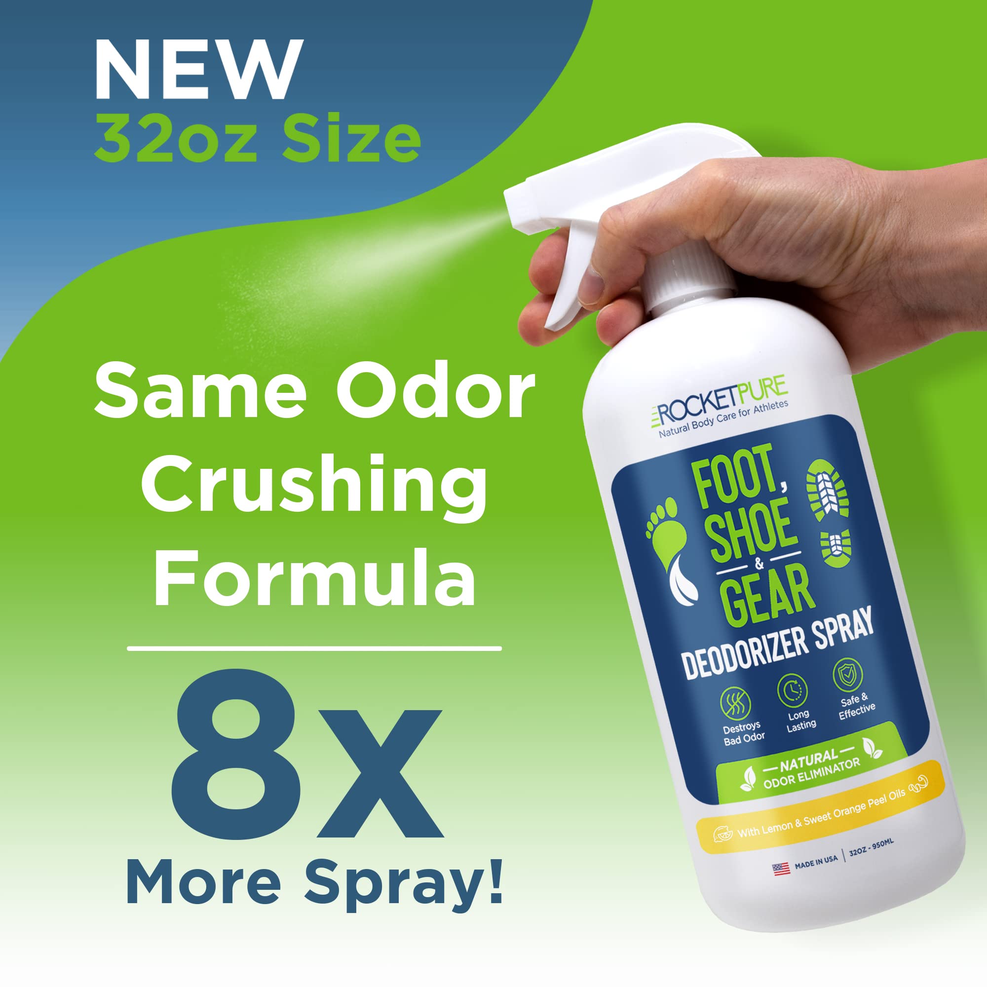 Natural Odor Eliminator Spray for Shoes & Feet - Essential Oil Based Deodorizer for Footwear, Sports Gear & Gym Bags - Controls & Prevents Odors - Made in USA (Lemon Scent, 32oz) - Perfect for Athletes, Travelers & Active Lifestyles
