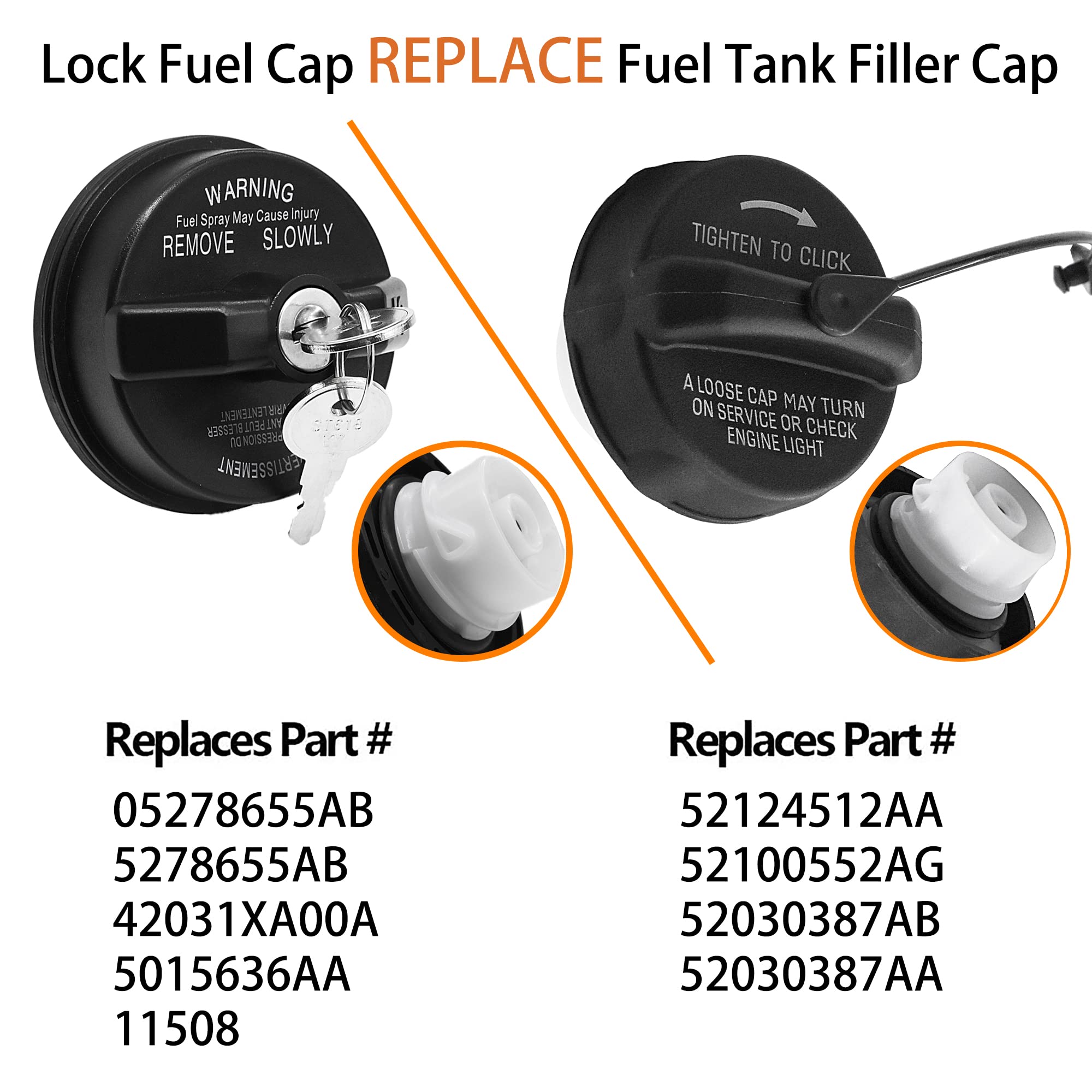 Fokes Locking Gas Cap - Universal Fuel Cap for Dodge Jeep Ram 1500, Challenger, Grand Caravan, Cherokee, Wrangler TJ/LJ/JK/JKU/JL/JLU/JT (Part #05278655AB, 5278655AB) - Anti-Theft Protection & Secure Fuel System for Off-Road & Daily Driving