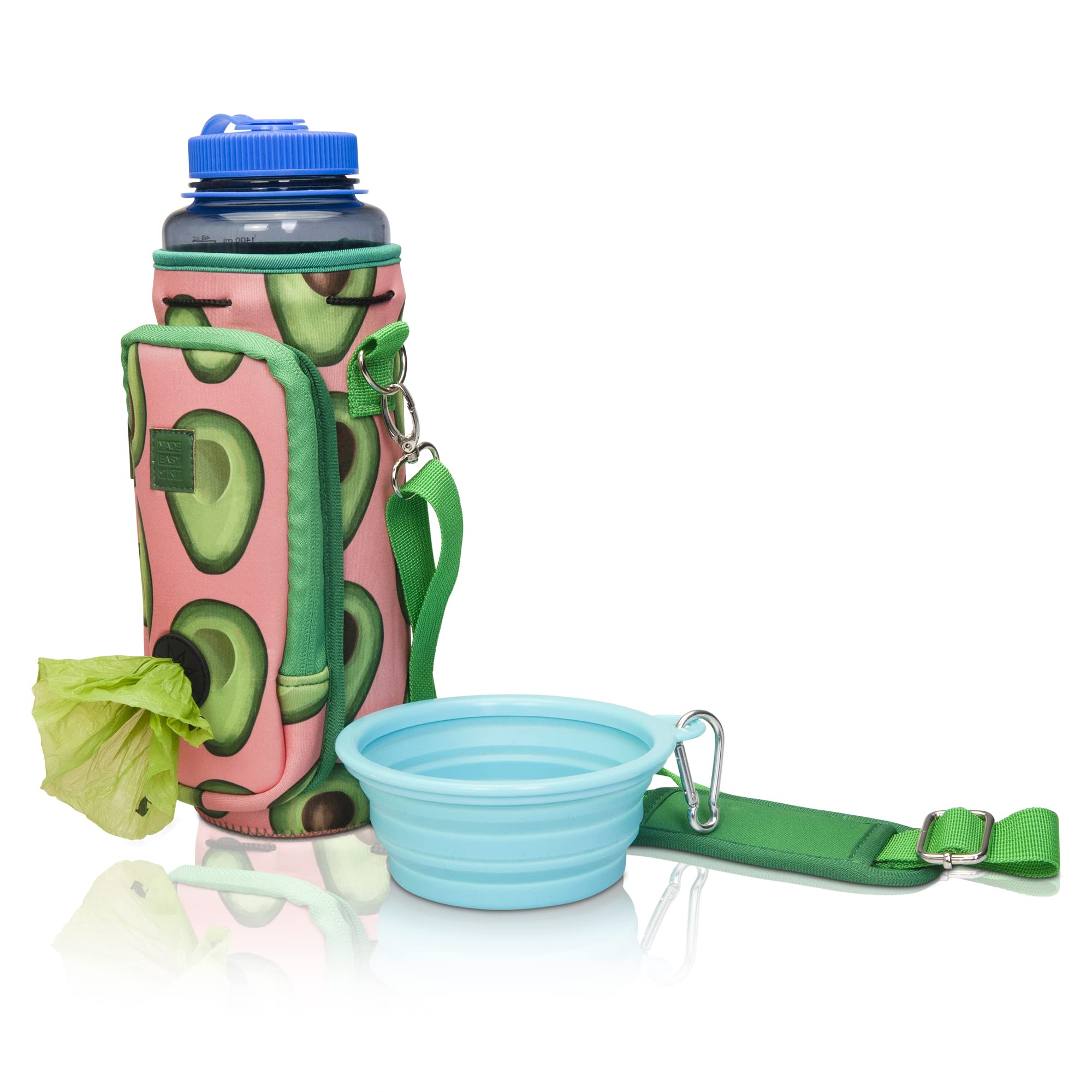 **EasyGrip Water Bottle Carrier for Dogs - Adjustable Padded Shoulder Strap, Built-in Pocket for Waste Bags & Detachable Bowl (40oz, Tall & Large) - Perfect for Hiking, Walking, and Outdoor Adventures (Green/Pink, Avocado Design)**
