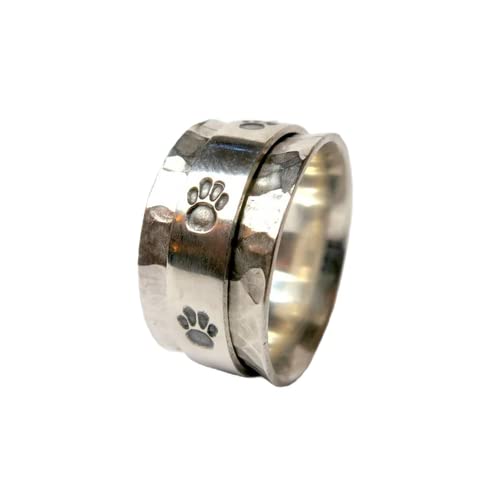 925 Sterling Silver Spinner Ring - Tiger Paw Print Meditation Jewelry for Stress Relief, Handmade Hammered Statement Ring for Animal Lovers, Perfect Gift for Yoga, Anxiety Relief & Everyday Wear