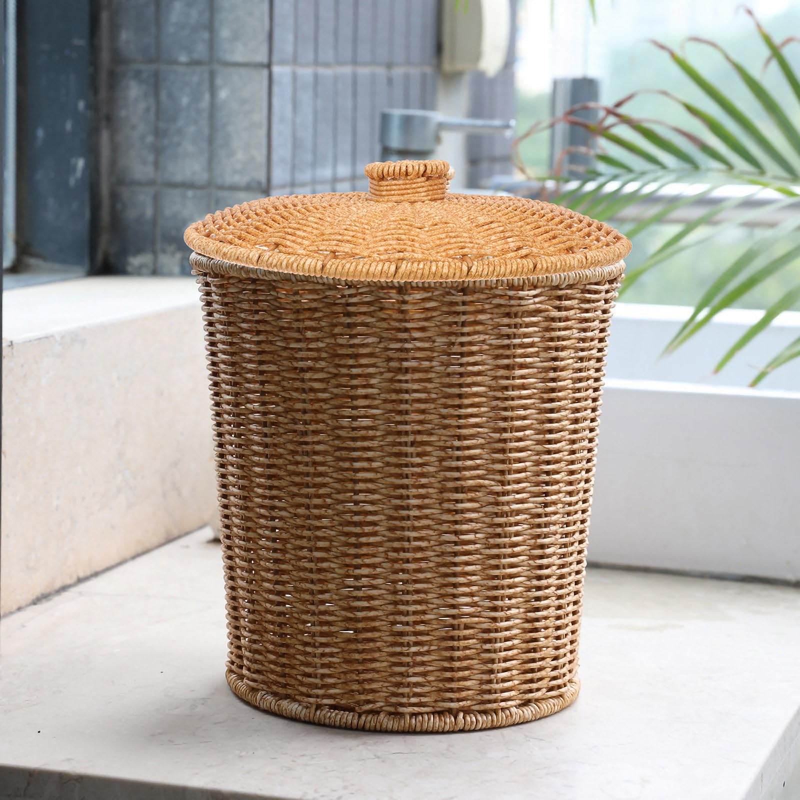 Zerodeko Stackable Stoneware Mugs with Lids & Wicker Trash Can Replacement Cover - Decorative Basket Lid for Garbage Bin, Luxury Plastic Clothes Hanger - Perfect for Kitchen, Bathroom, and Home Organization