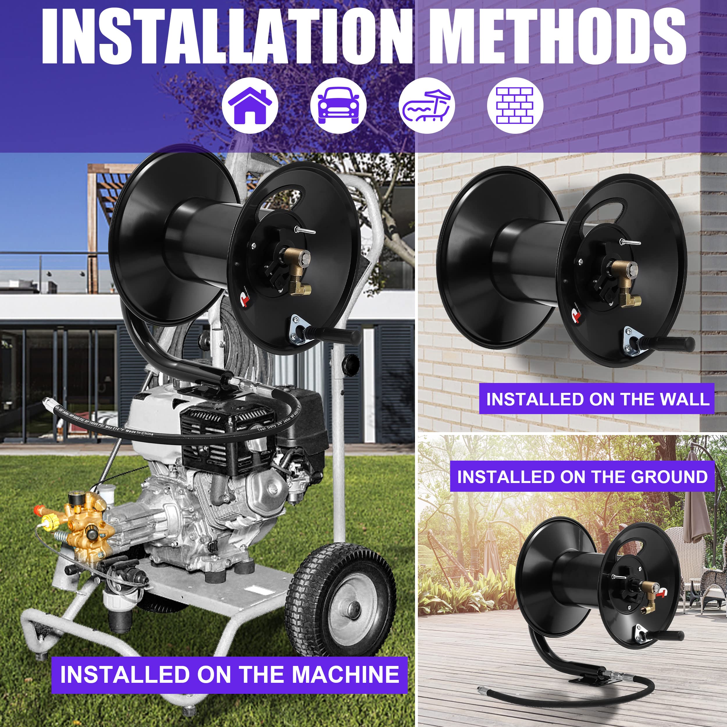 Heavy Duty 150 FT Steel Pressure Washer Hose Reel with Hand Crank - 3/8