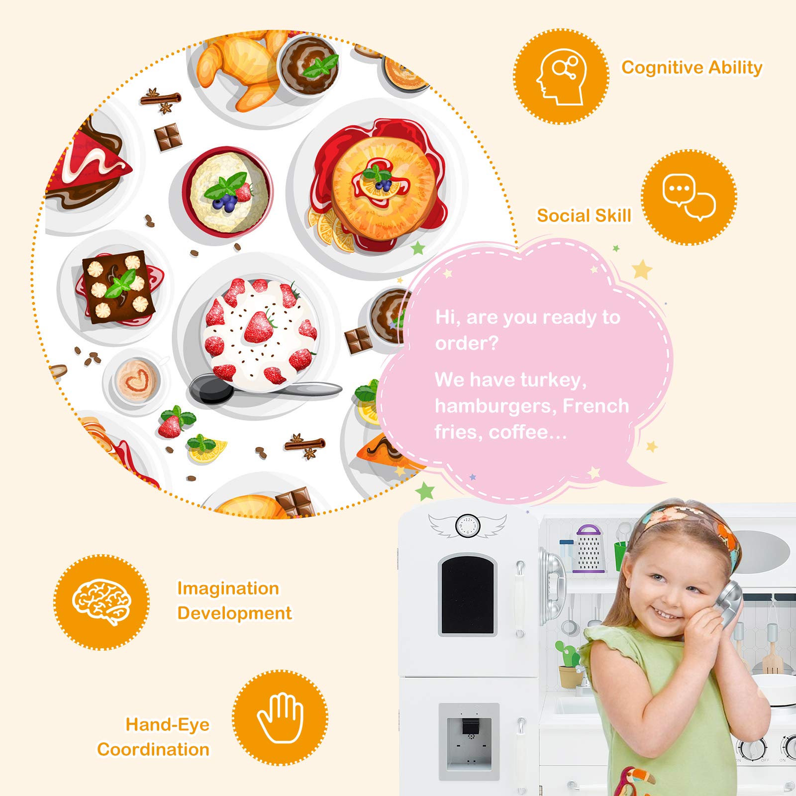 ARLIME Kids Wooden Kitchen Playset with Simulated Sound, Sink, Stovetop, Microwave & Refrigerator - Pretend Play Kitchen Toy for Toddlers, Boys & Girls - Perfect Gift for Home, Preschool & Daycare