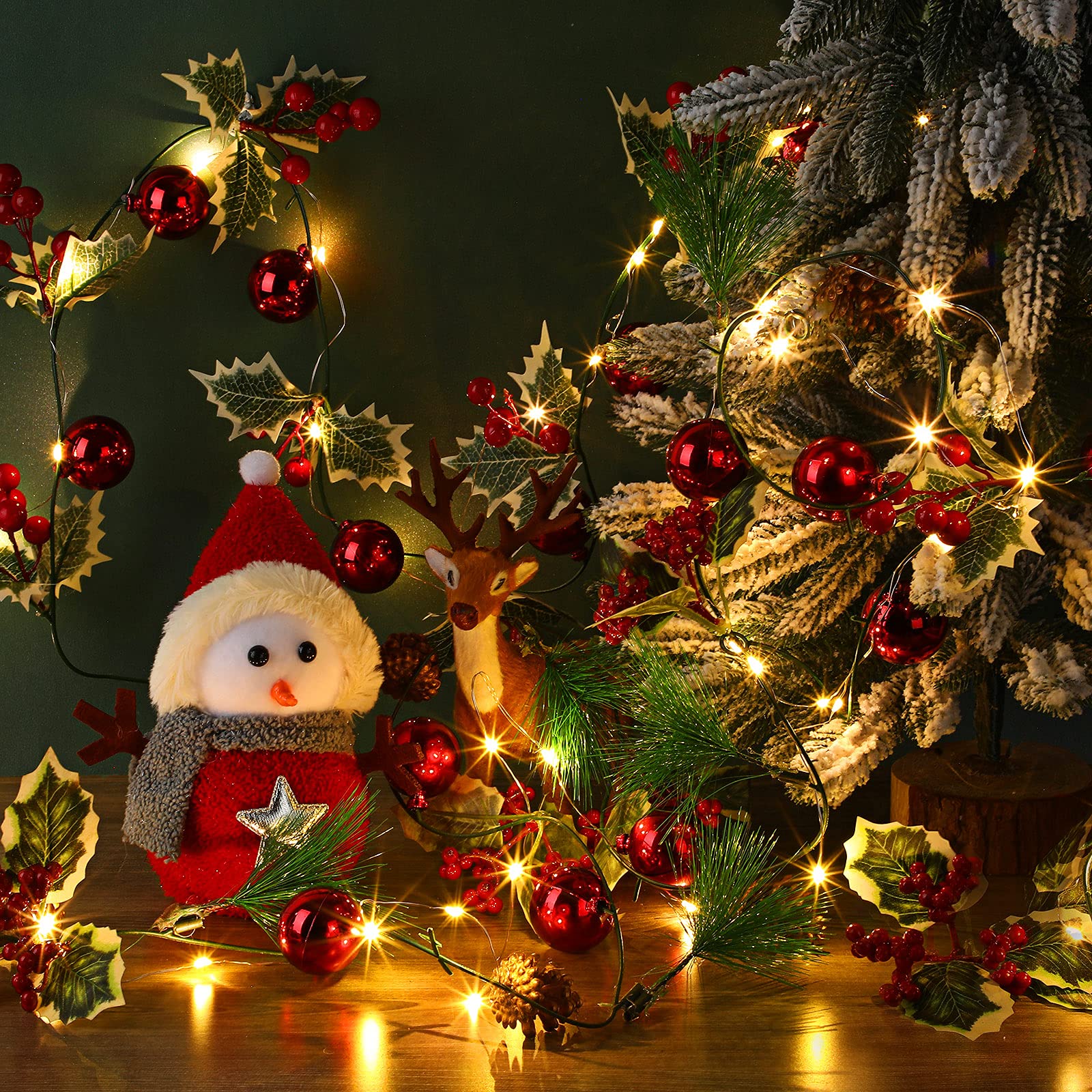 2 Pack 6.6ft Battery Operated Christmas Garland Lights with Pinecones & Red Berries - Waterproof Fairy String Lights for Indoor Outdoor Xmas Tree, Party, Mantel, Window, Door Decorations (Warm White)